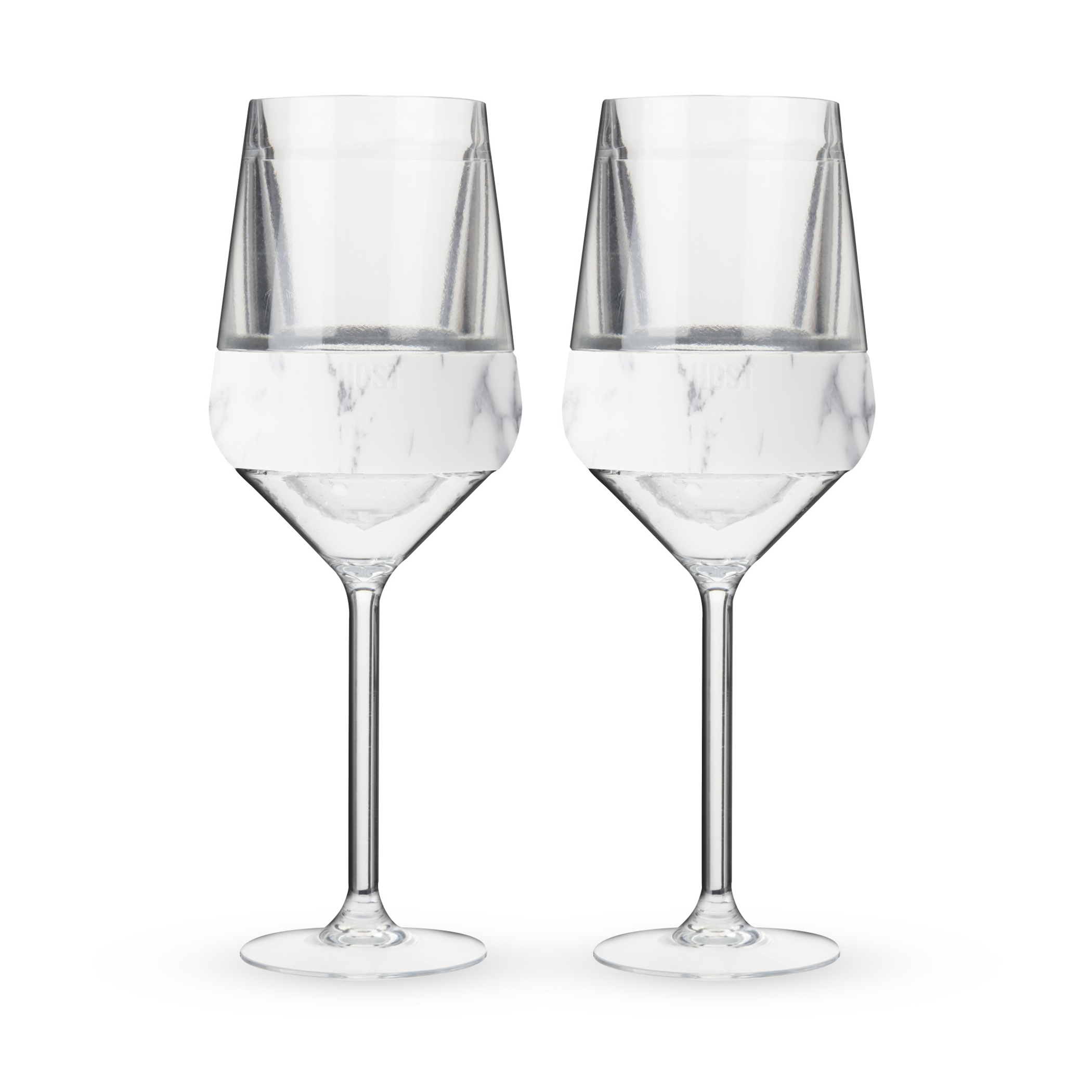 Set of 2 stemmed wine cooling cups, clear glass with white marble-style band