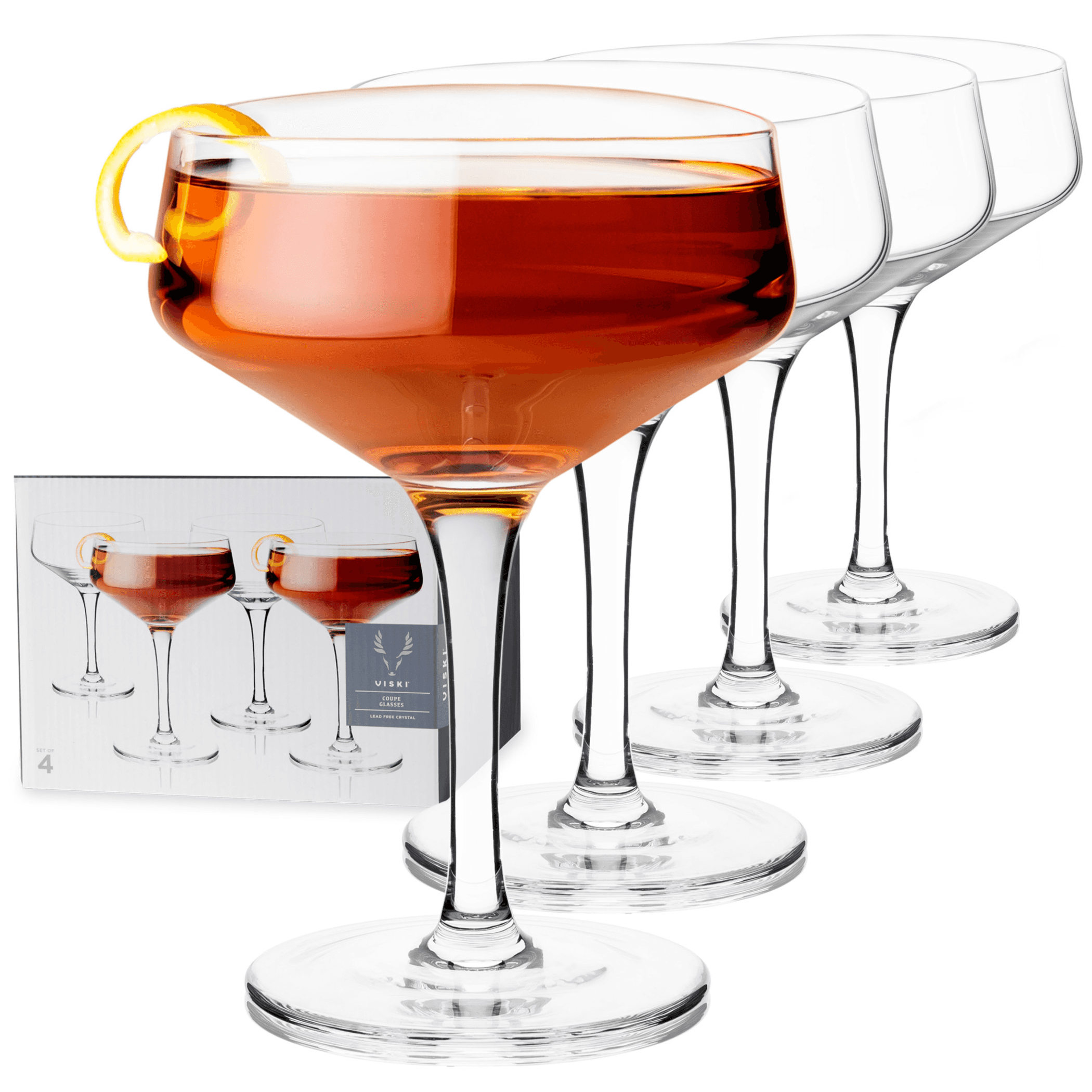 Angled crystal coupe glasses, clear, set of 4; wide bowls and long stems