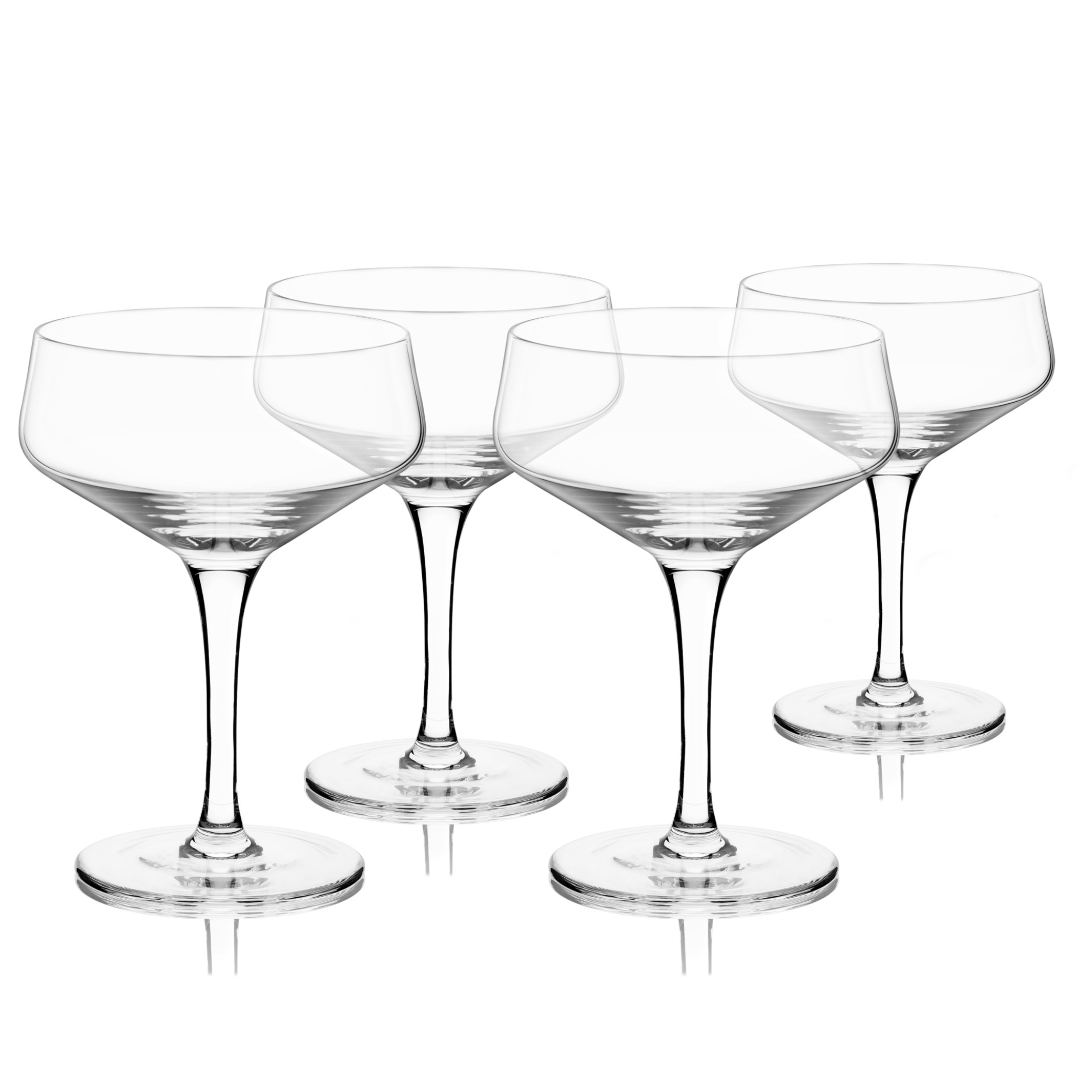 Clear angled crystal coupe glasses, set of 4; empty wide bowls on long stems