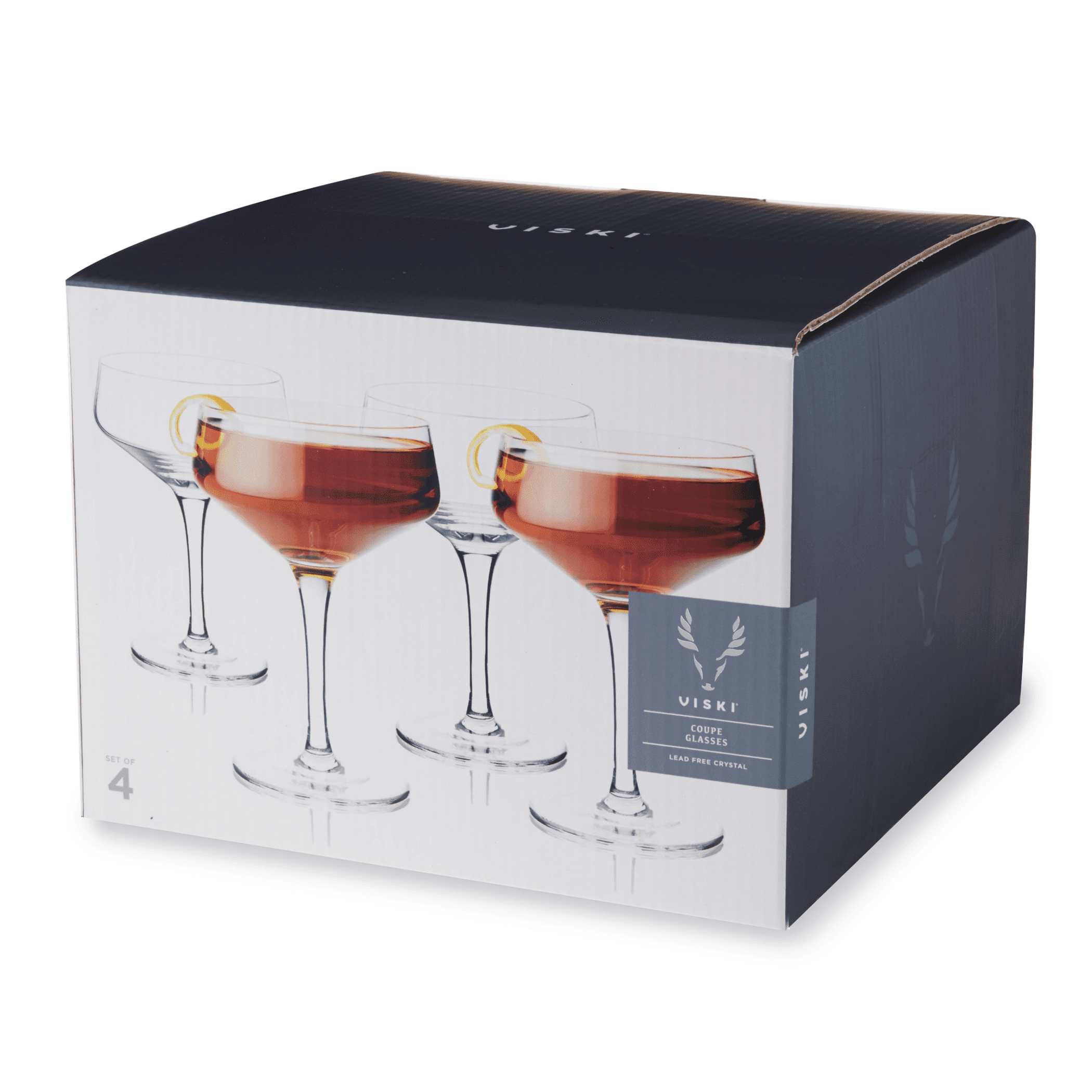 Viski boxed set of 4 angled crystal coupe glasses, clear bowls and long stems