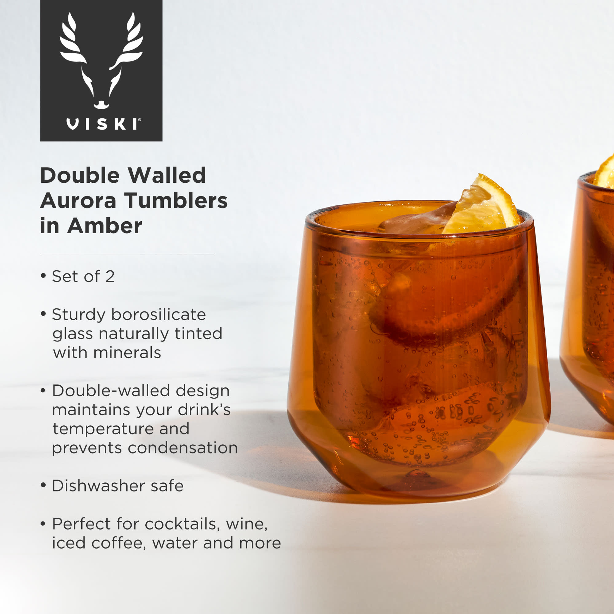 Double Walled Aurora Tumblers in Amber (set of 2) by Viski - Orange / 1 - Drinkware