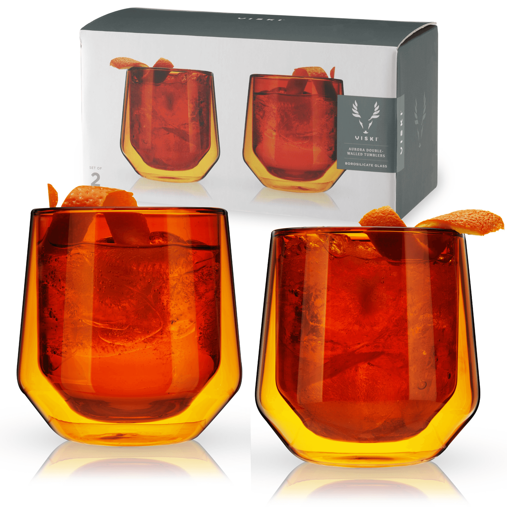 Double Walled Aurora Tumblers in Amber (set of 2) by Viski - Orange / 1 - Drinkware