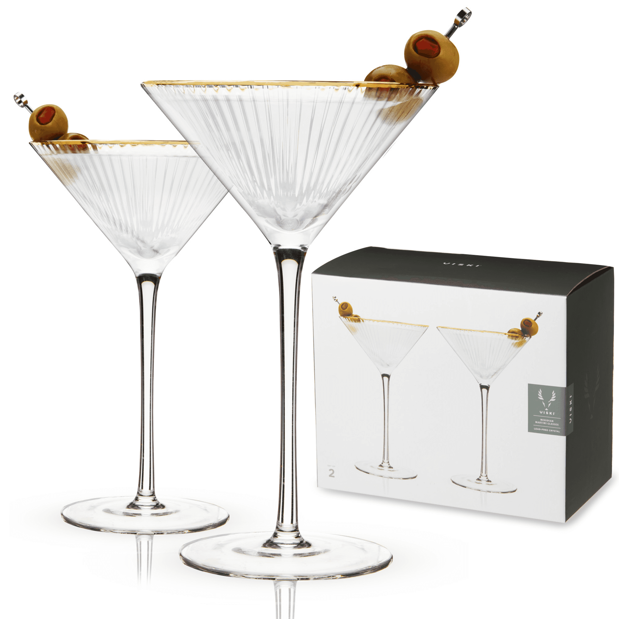 Set of 2 clear gold-rimmed martini glasses with olives garnish and gift box