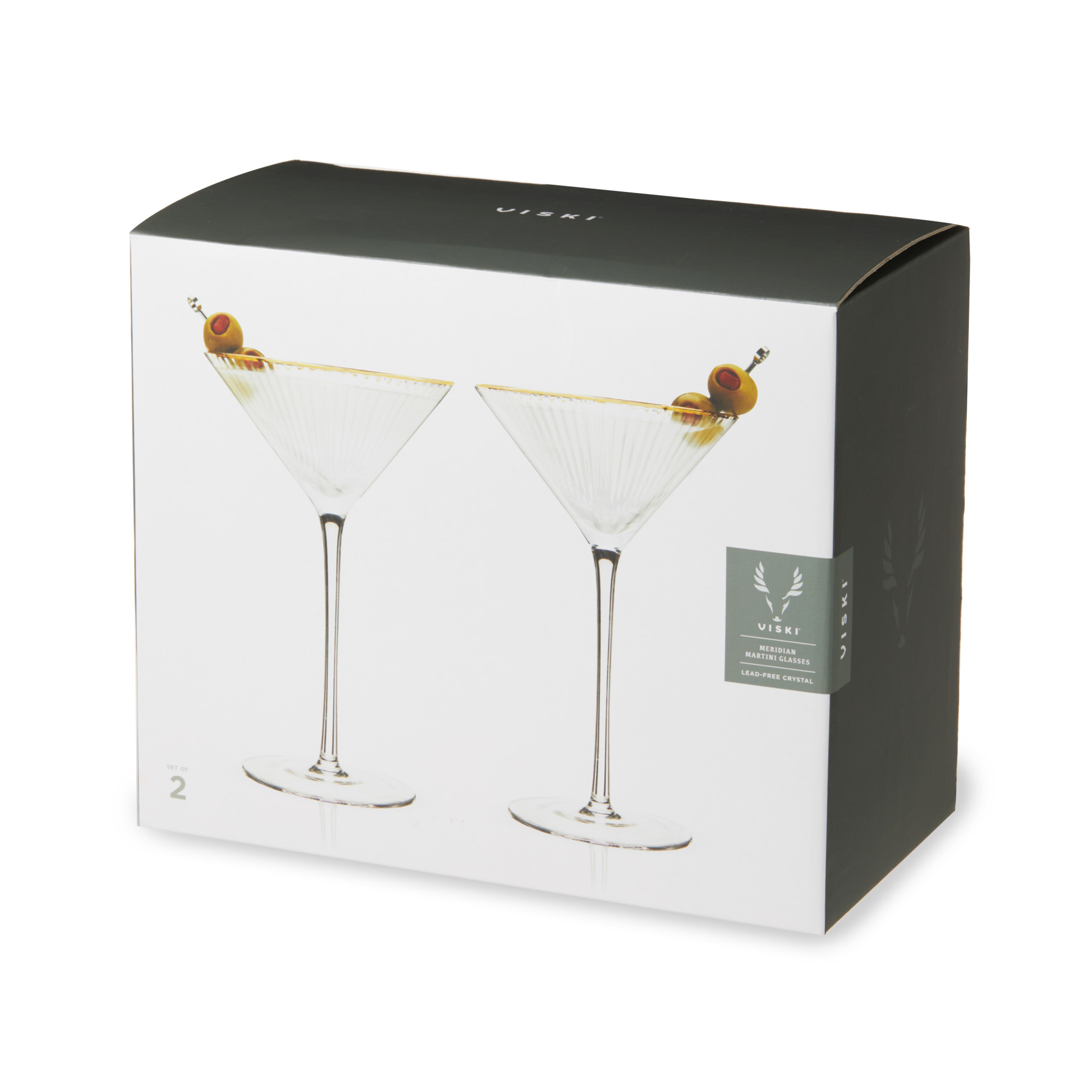 Viski Meridian martini glass set box showing two clear gold-rimmed glasses inside