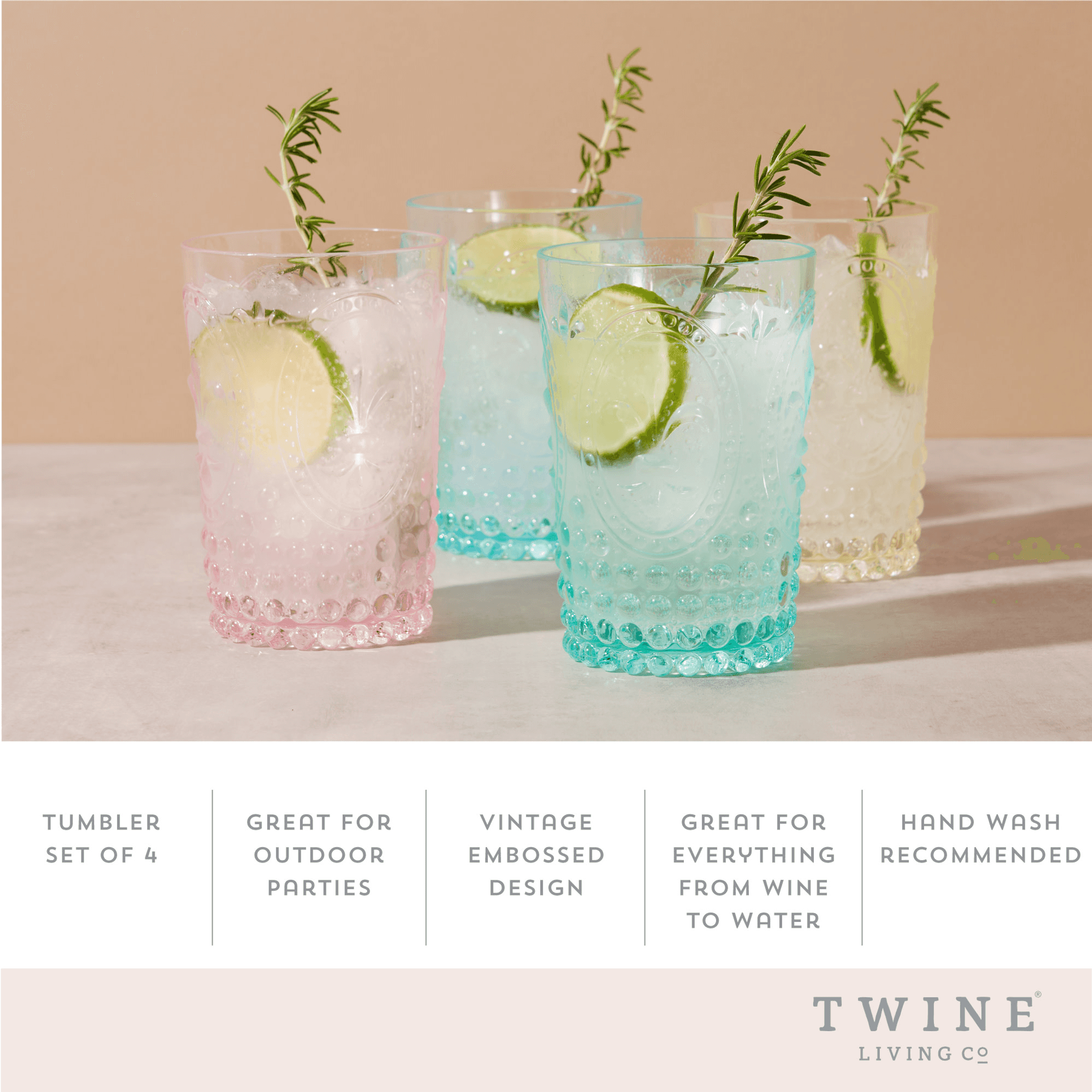 Assorted shatterproof embossed tumbler set of four, clear pastel colors with raised pattern