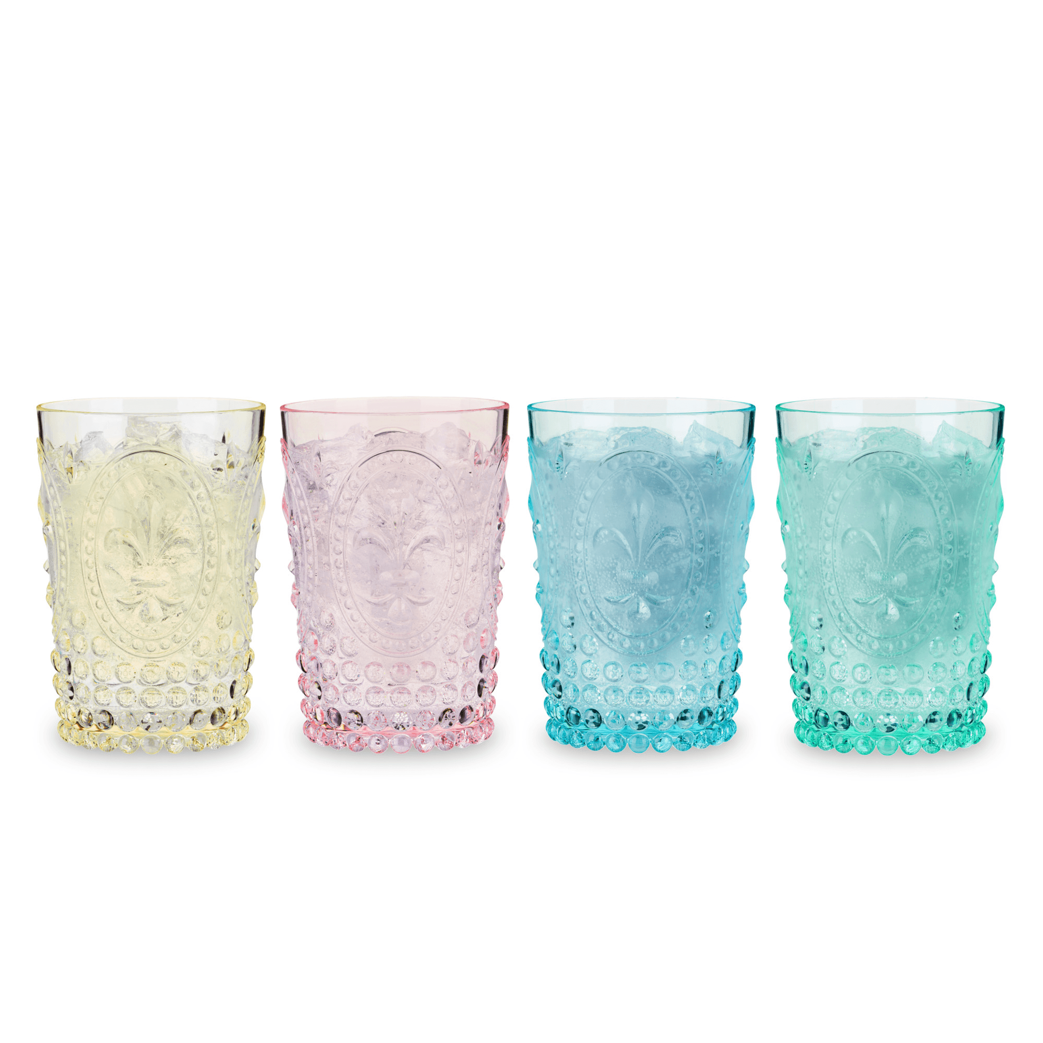 Shatterproof embossed tumblers set of four, clear yellow, pink, aqua, and teal cups