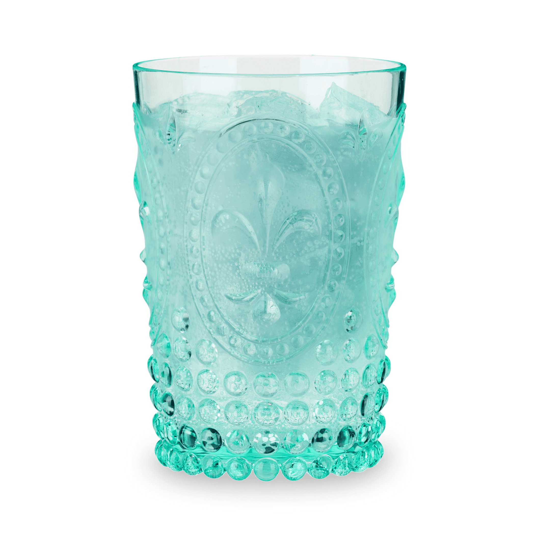 Teal shatterproof embossed tumbler with raised medallion and bubble-textured base