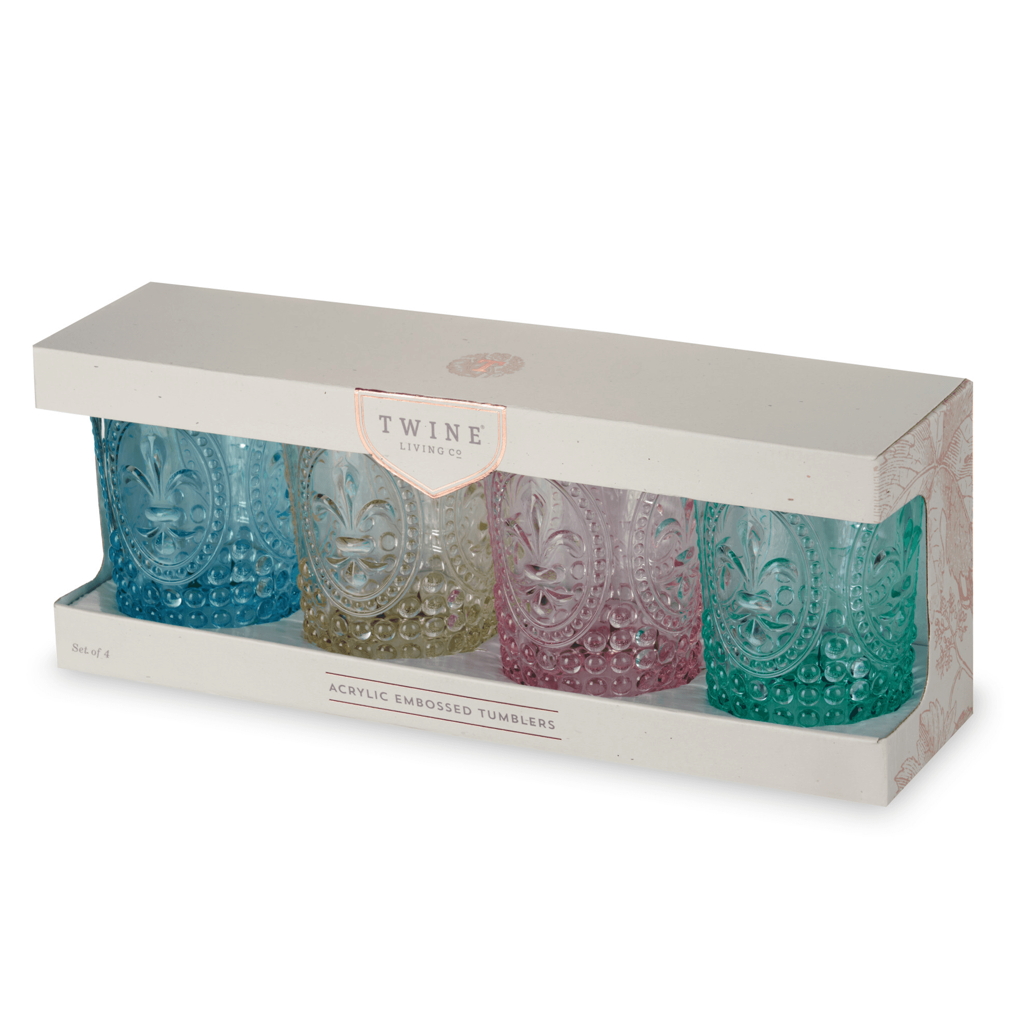 Shatterproof embossed tumbler set in retail box, four assorted colored cups shown