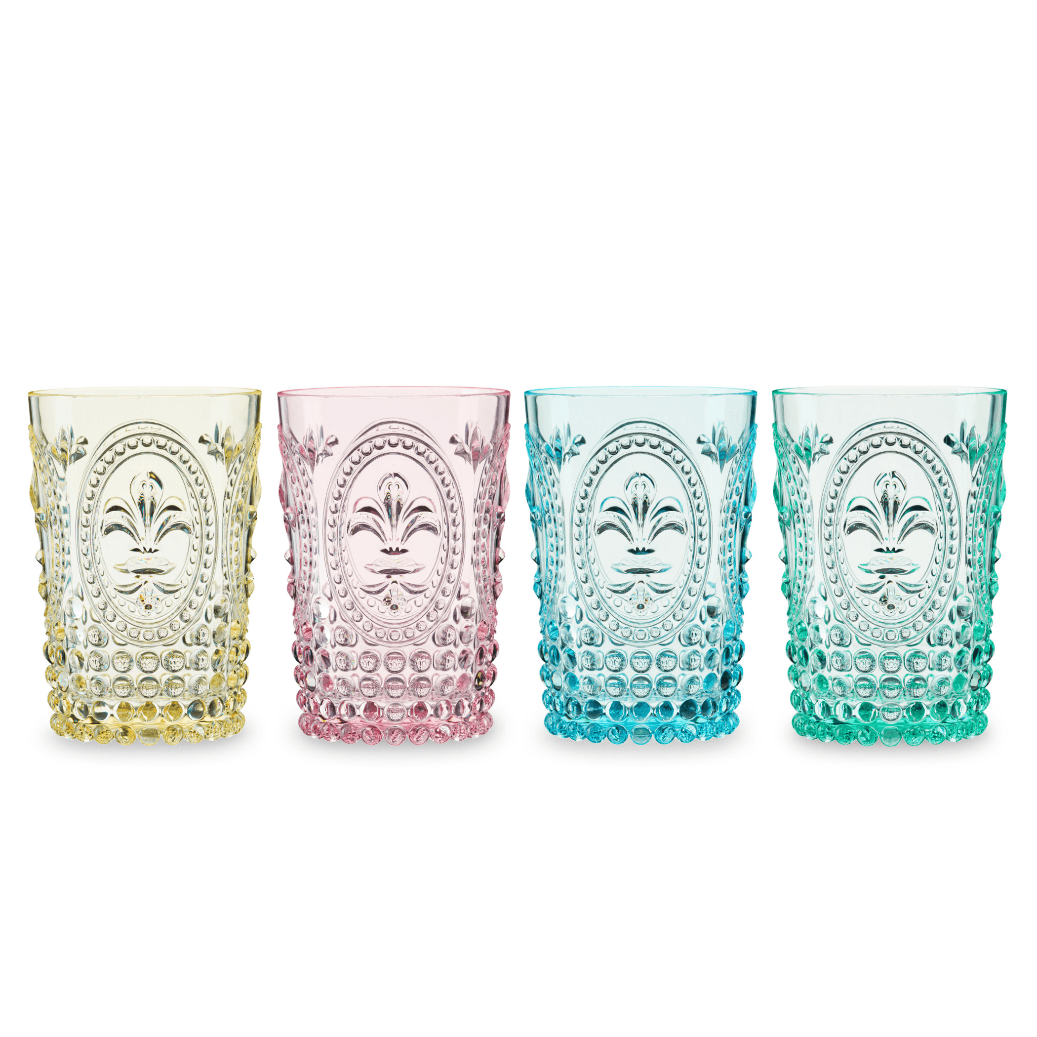 Shatterproof embossed tumblers set of four with fleur-de-lis medallion, yellow, pink, blue