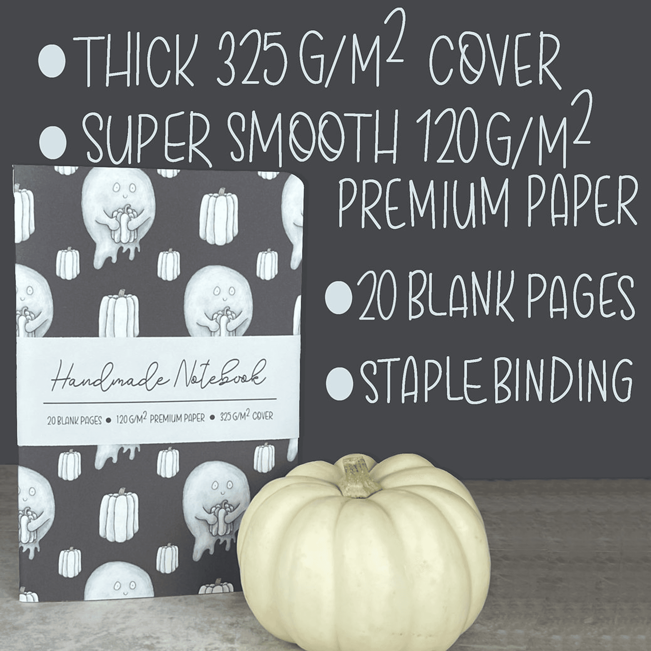 Notebook cover details: 20 blank pages, 120 g/m² premium paper, 325 g/m² cover
