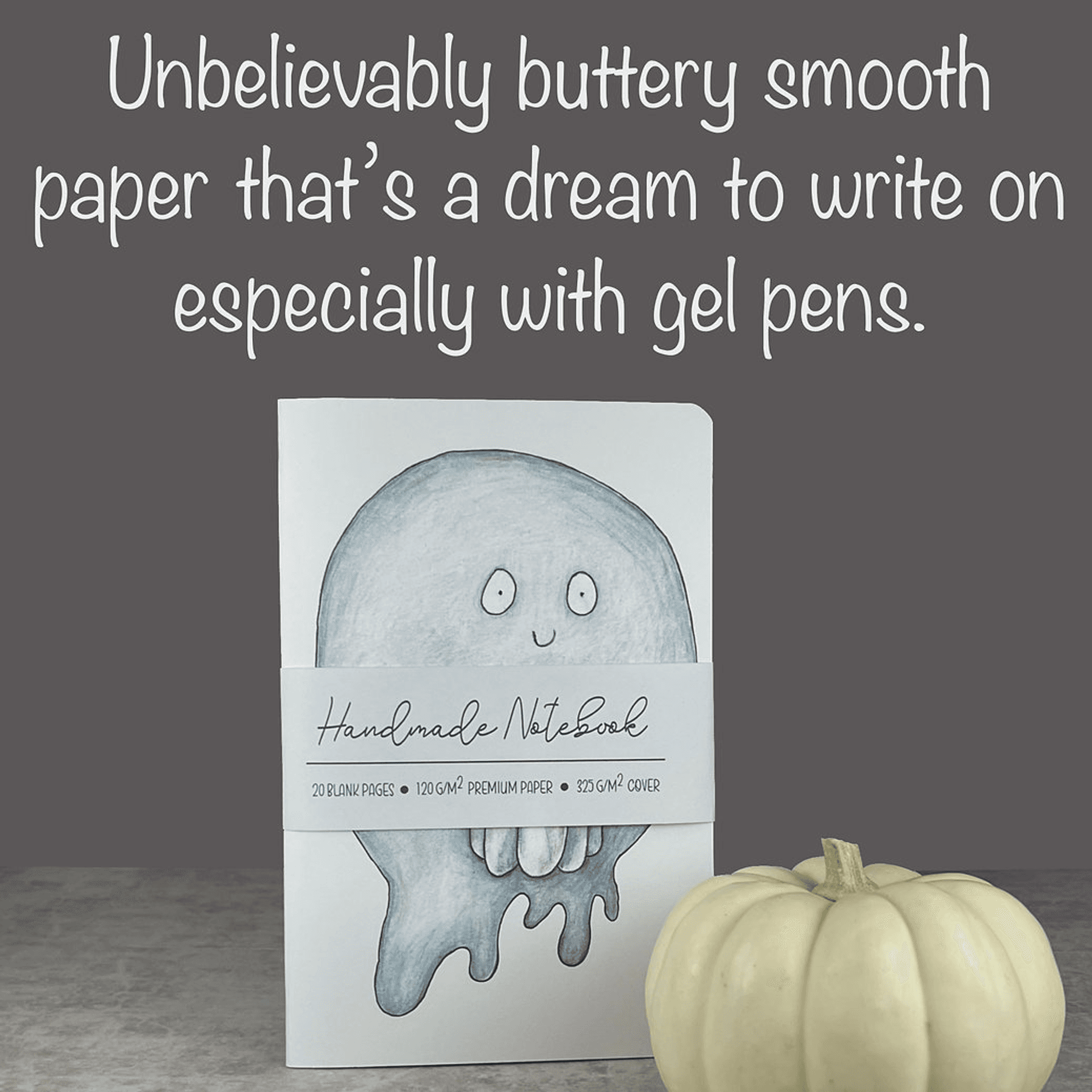 Handmade pumpkin ghost notebook, light blue ghost illustration on the cover with blank pages