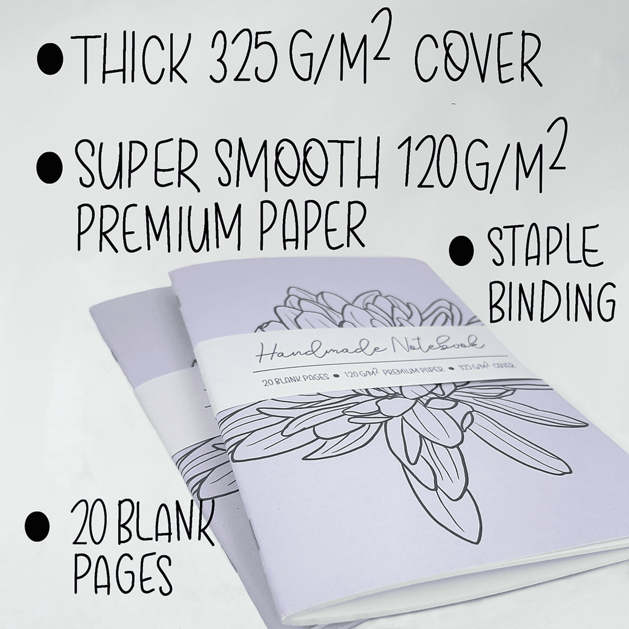 Lilac notebook stack with hand-drawn flower cover line art, showing smooth blank pages