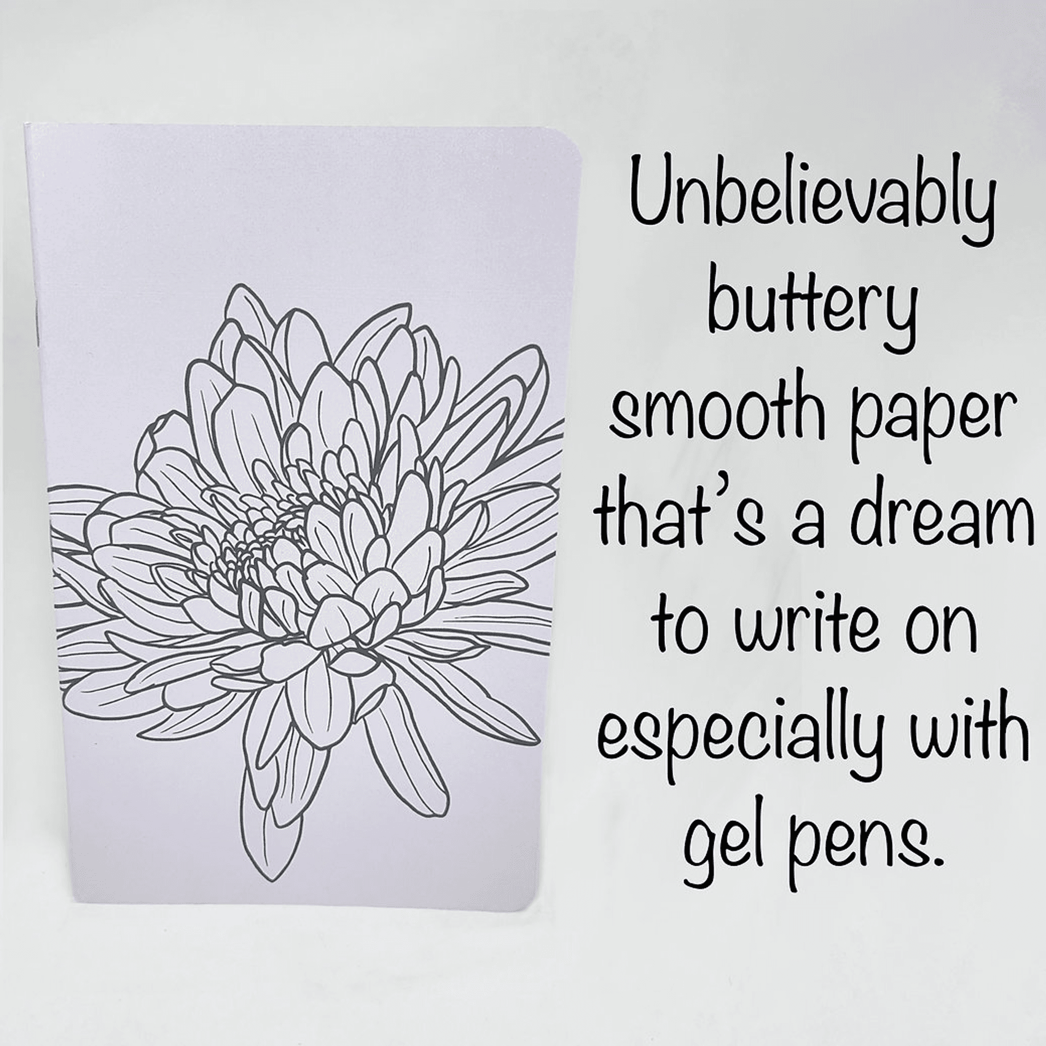 Lilac notebook cover with large hand-drawn flower illustration in dark ink