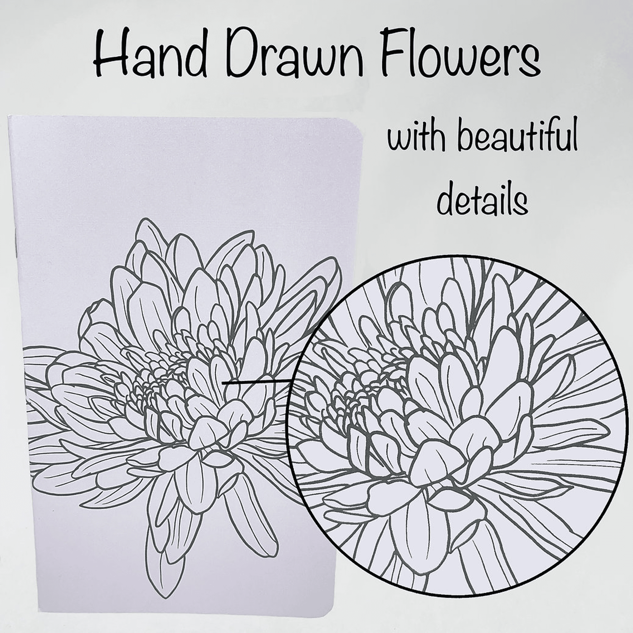 Lilac notebook with hand-drawn flowers cover; includes circular close-up detail
