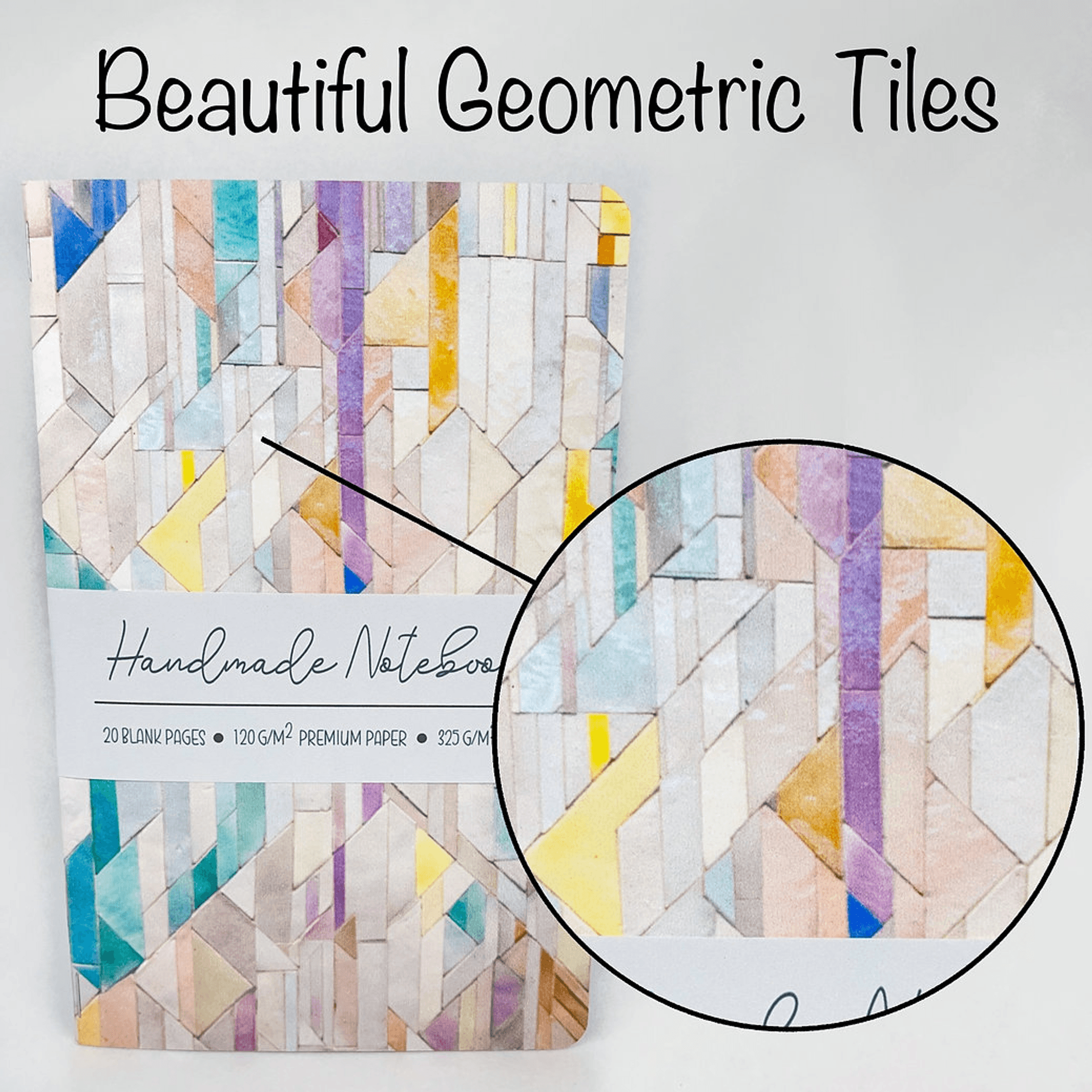Handmade notebook with geometric tile cover and close-up detail circle on the right.