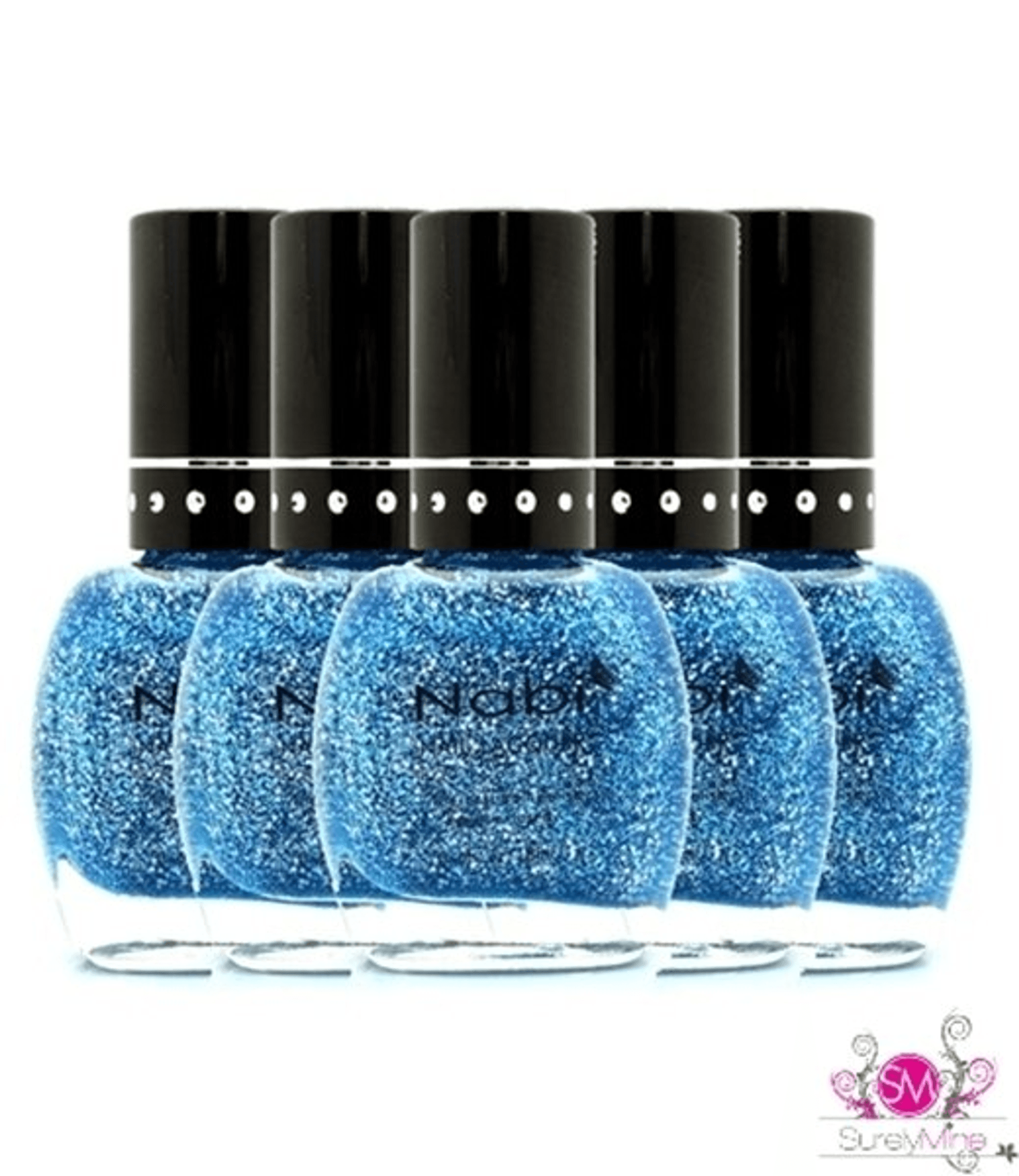 Nabi blue glitter nail polish bottles with black caps
