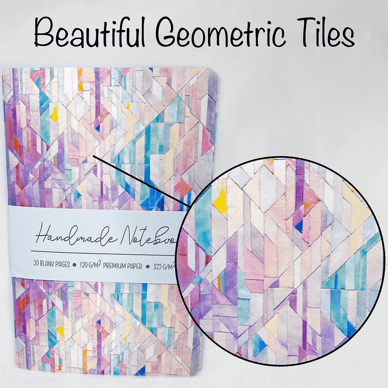 Handmade geometric tiles notebook cover with close-up circle detail of the pattern