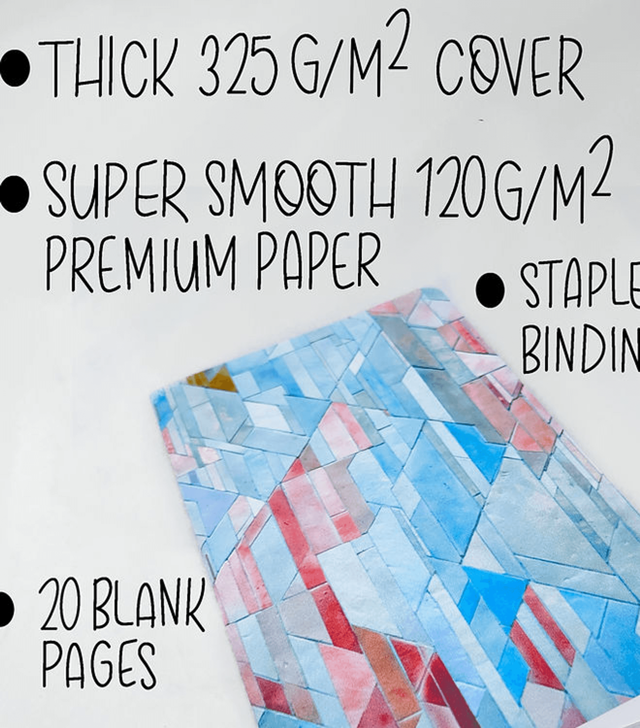 Geometric tiles style notebook cover with blue and red patterned design