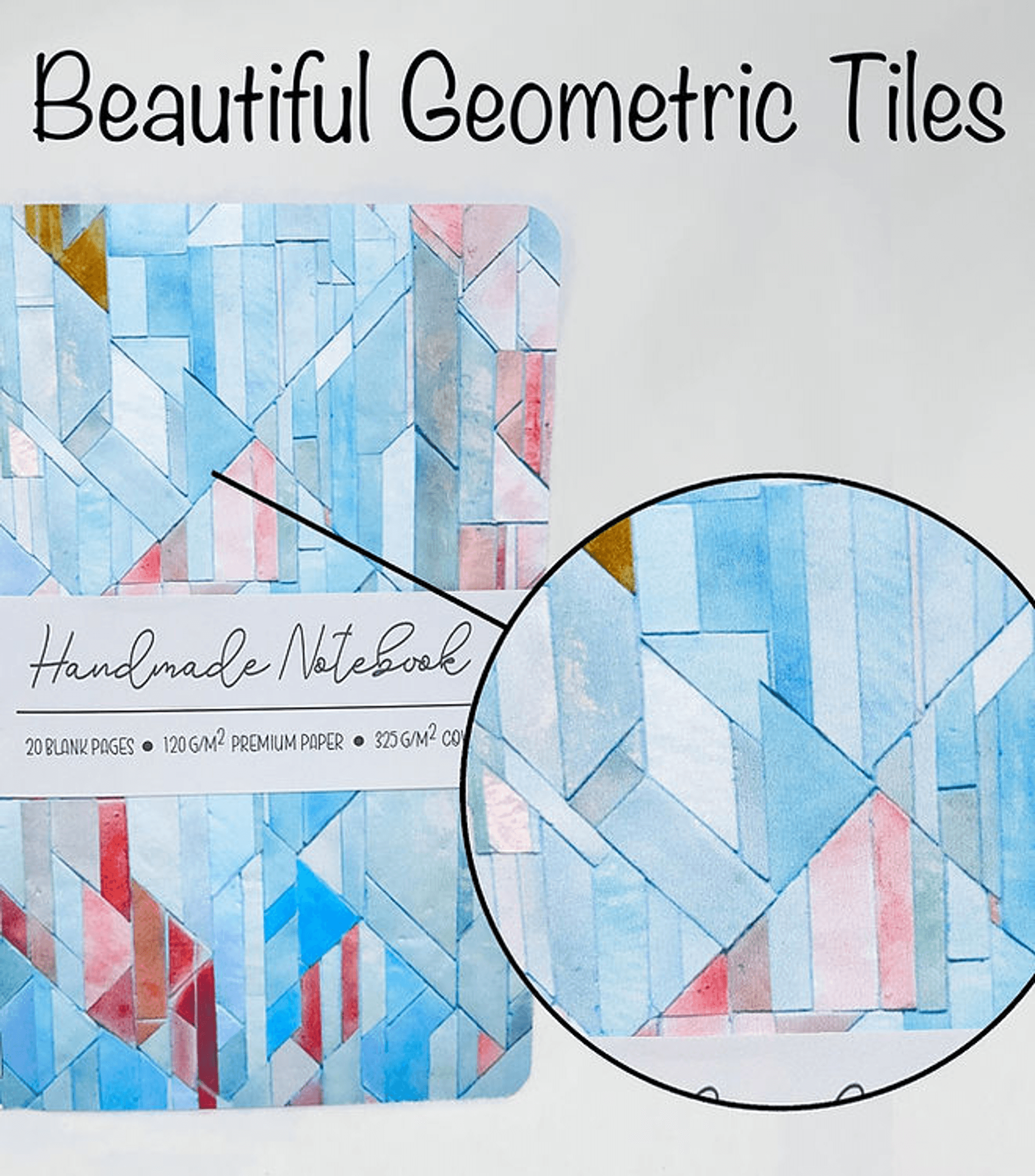 Handmade geometric tiles notebook with circular cover detail in blue