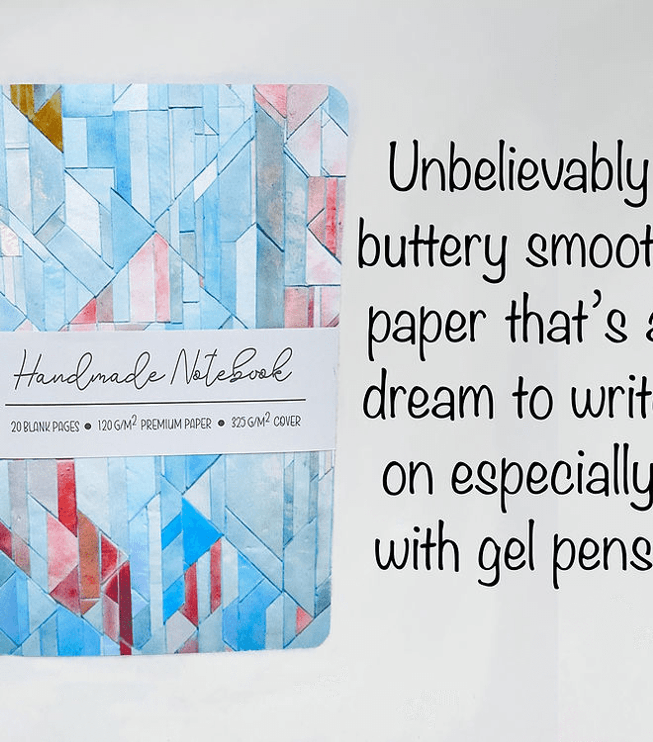 Handmade notebook with blue geometric cover and white band label text