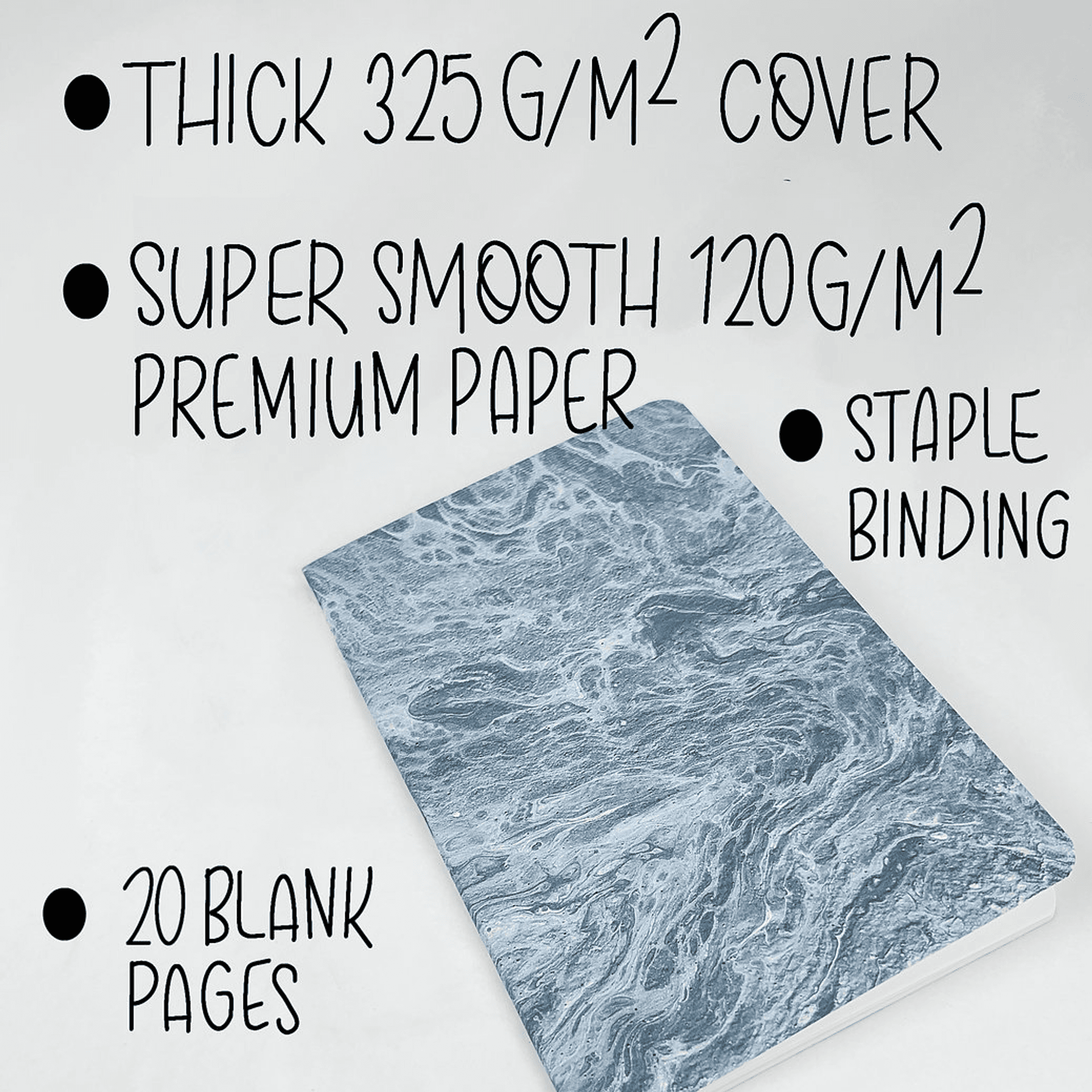 Blue marble notebook details: staple binding, thick 325 gsm cover, 20 blank pages