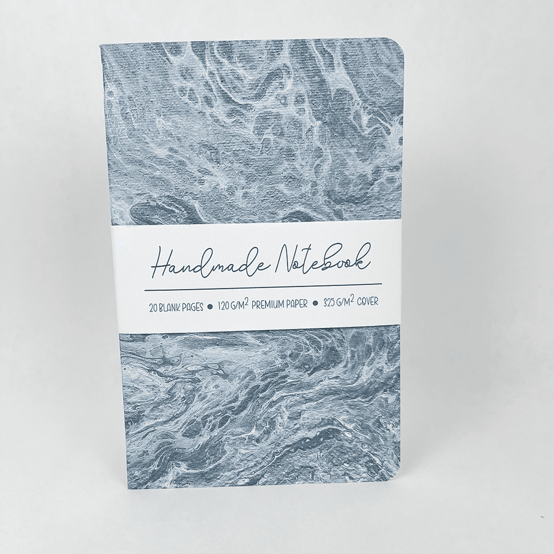 Blue marble handmade notebook cover with centered label band and text strip