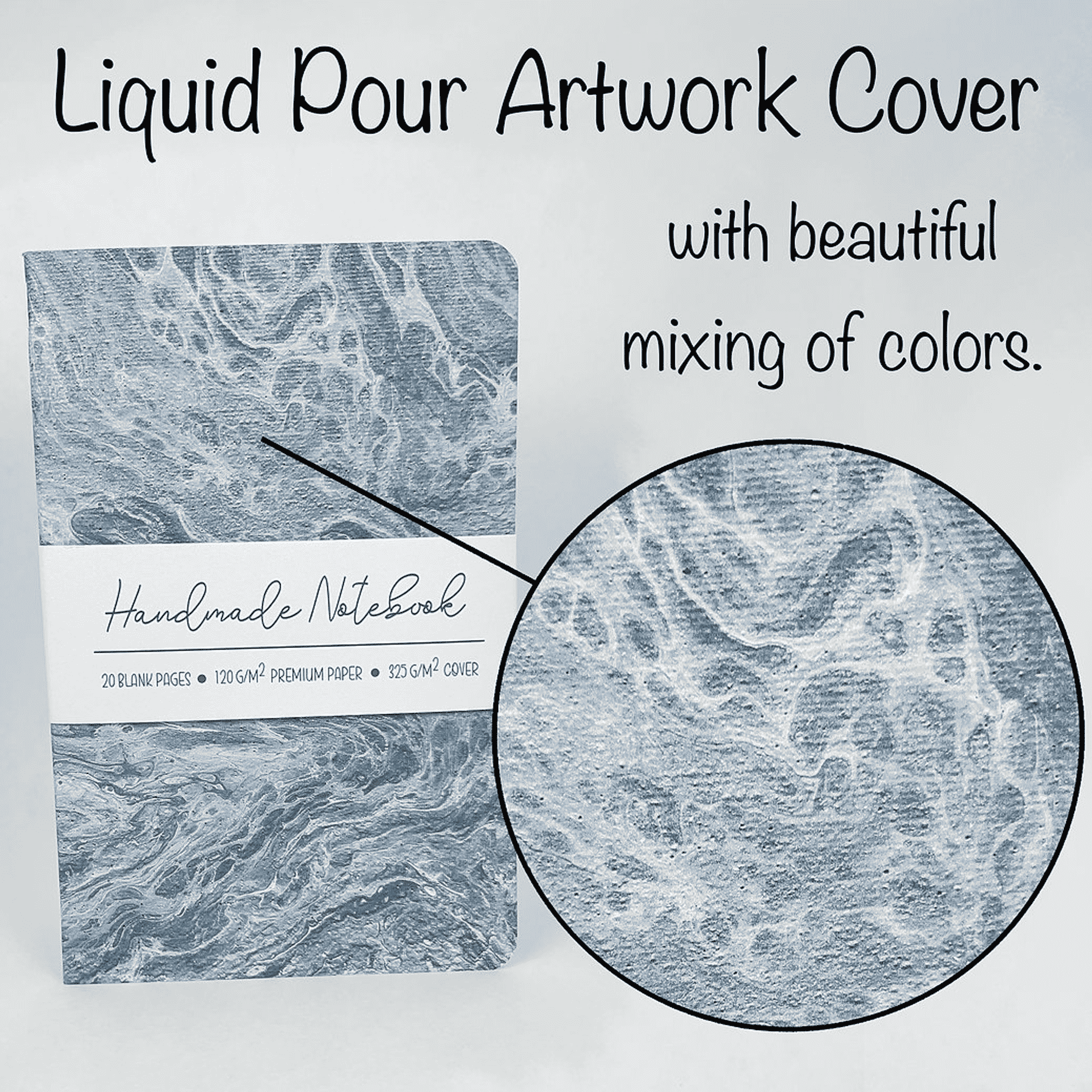 Blue liquid art notebook cover with swirling marble texture, close-up detail