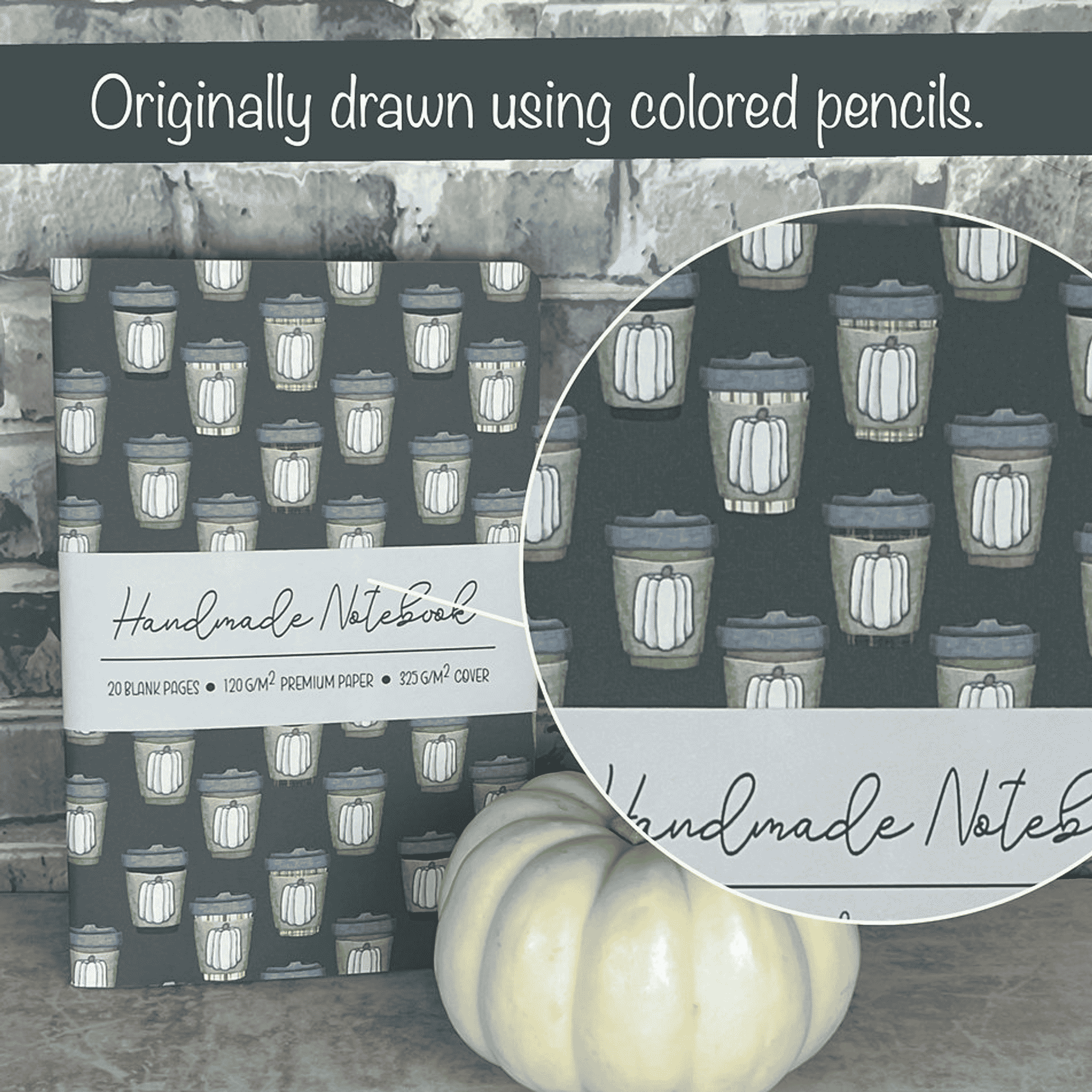 Handmade journal with charcoal-green pumpkin spice jar pattern cover and label