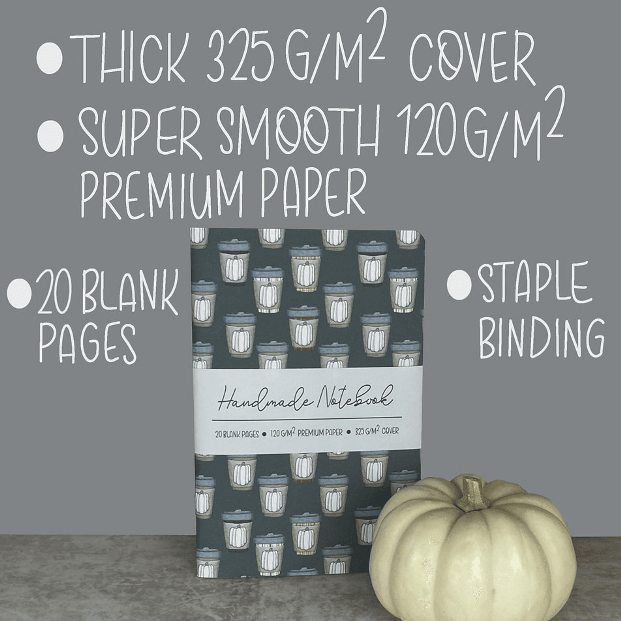 Staple-bound handmade journal with dark pumpkin spice jar pattern cover