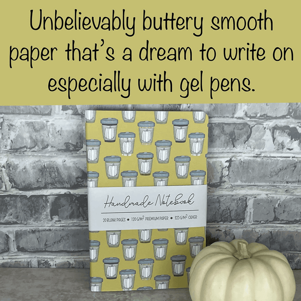 Mustard pumpkin spice pattern staple-bound notebook with mug illustrations on cover