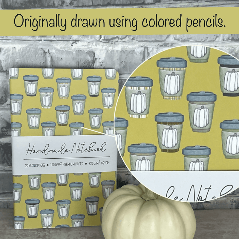 Mustard pumpkin spice pattern notebook cover with centered label and mug icons
