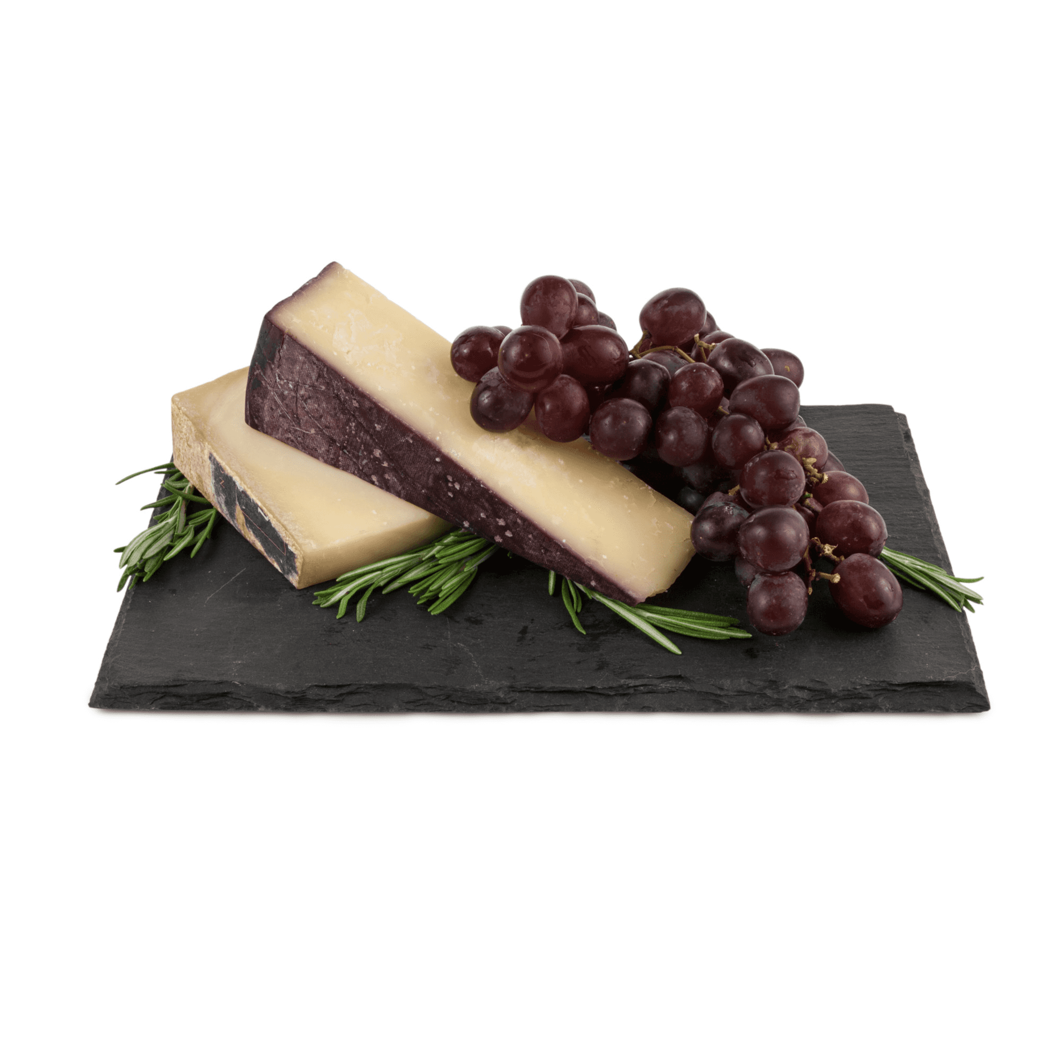 Rectangular slate cheese board with cheese slices and purple grapes
