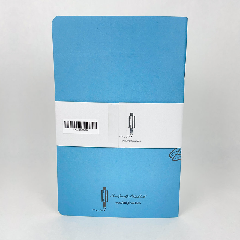 Blue notebook back cover with barcode label and small logo