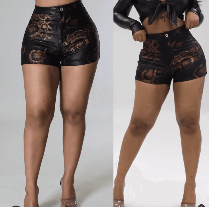 Coated snake-print short shorts, black with brown pattern and metal button