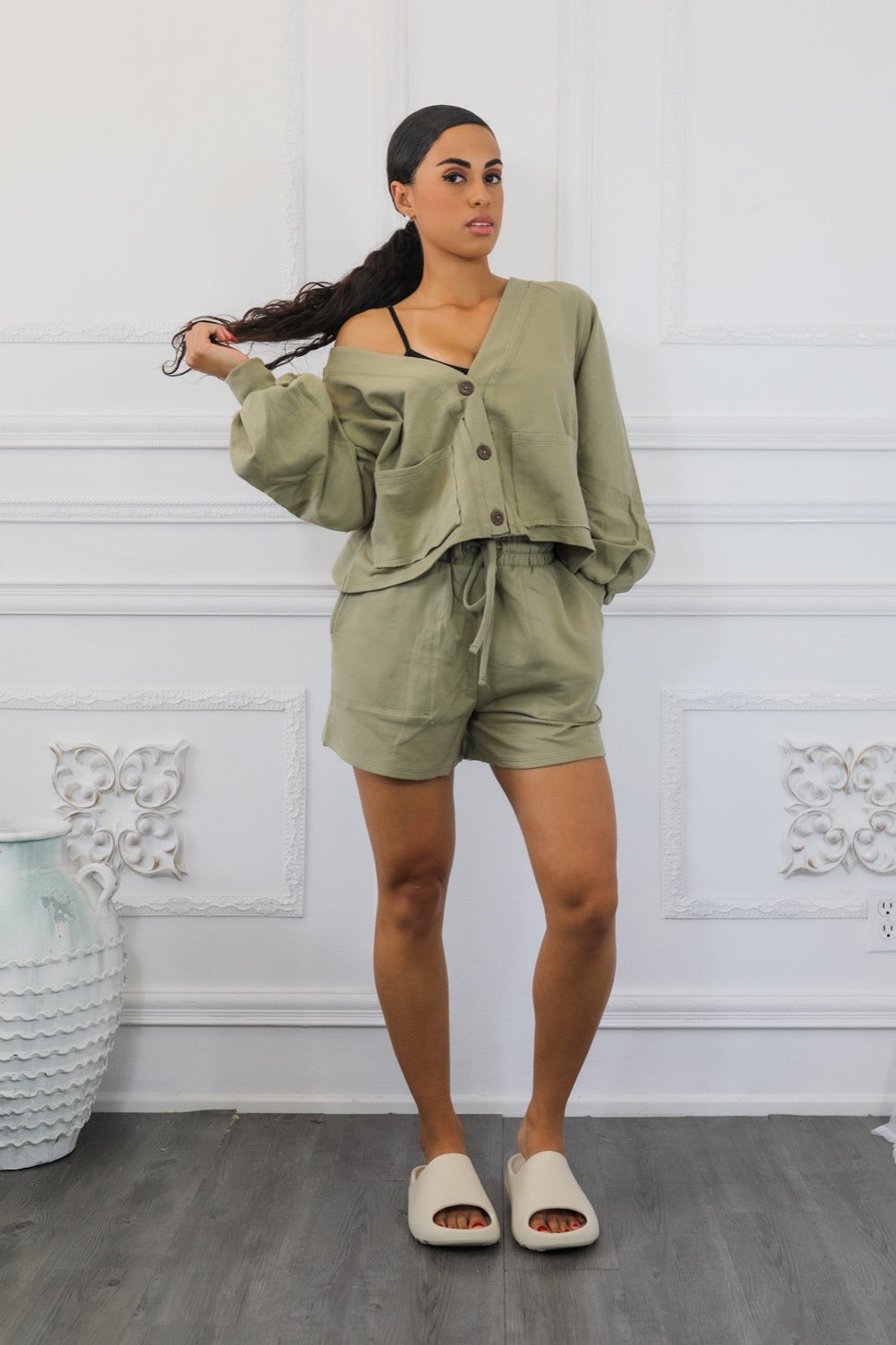 Olive French terry cardigan and short set, button-front top and drawstring shorts