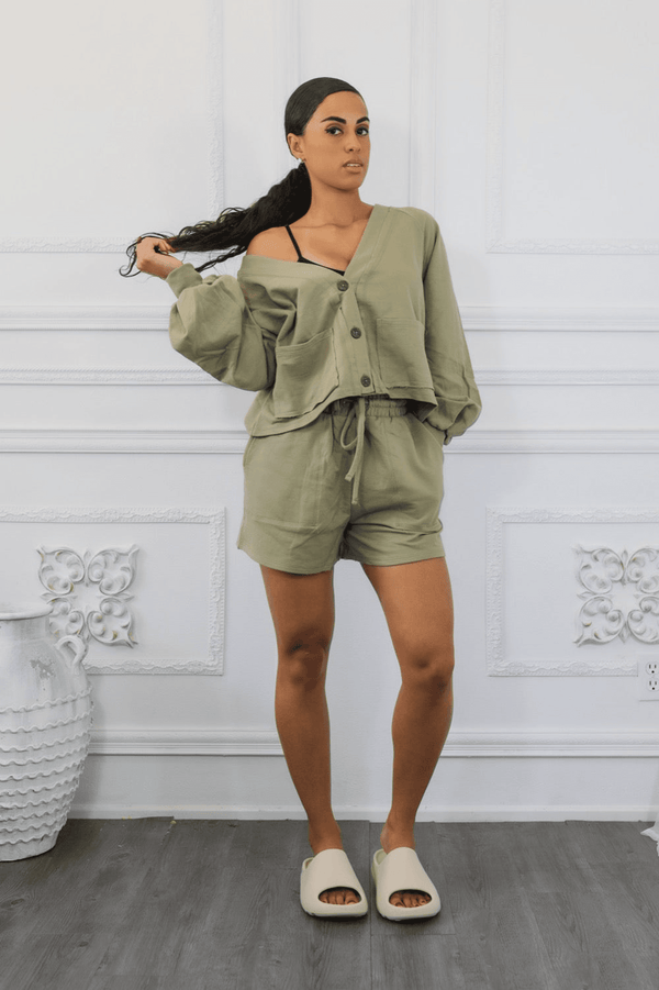 Olive French terry cardigan and short set, button-front top and drawstring shorts