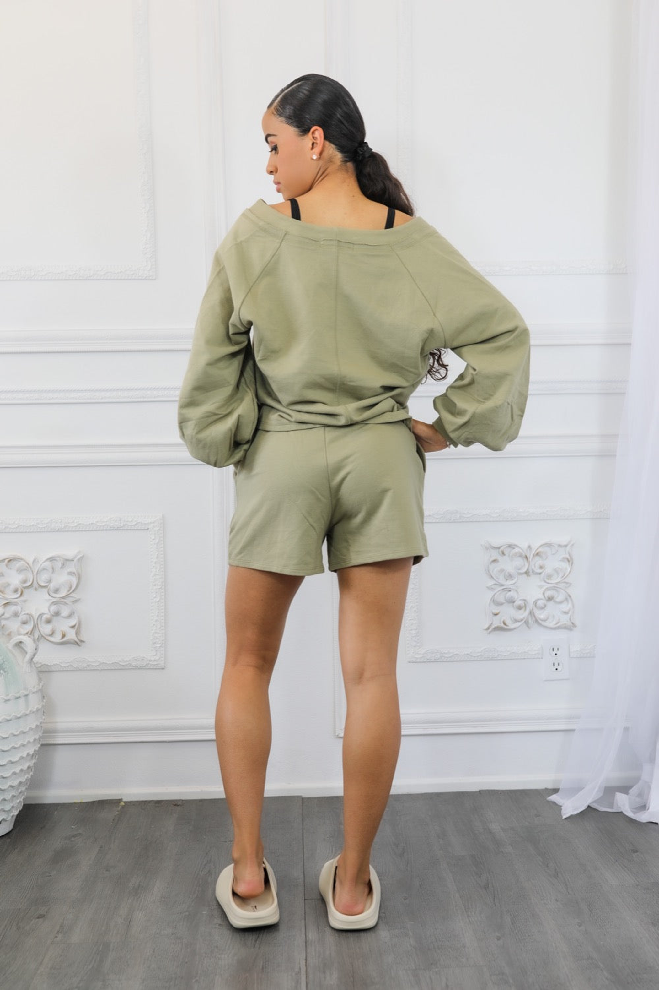 Olive French terry cardigan and short set, loose sleeves and matching drawstring shorts