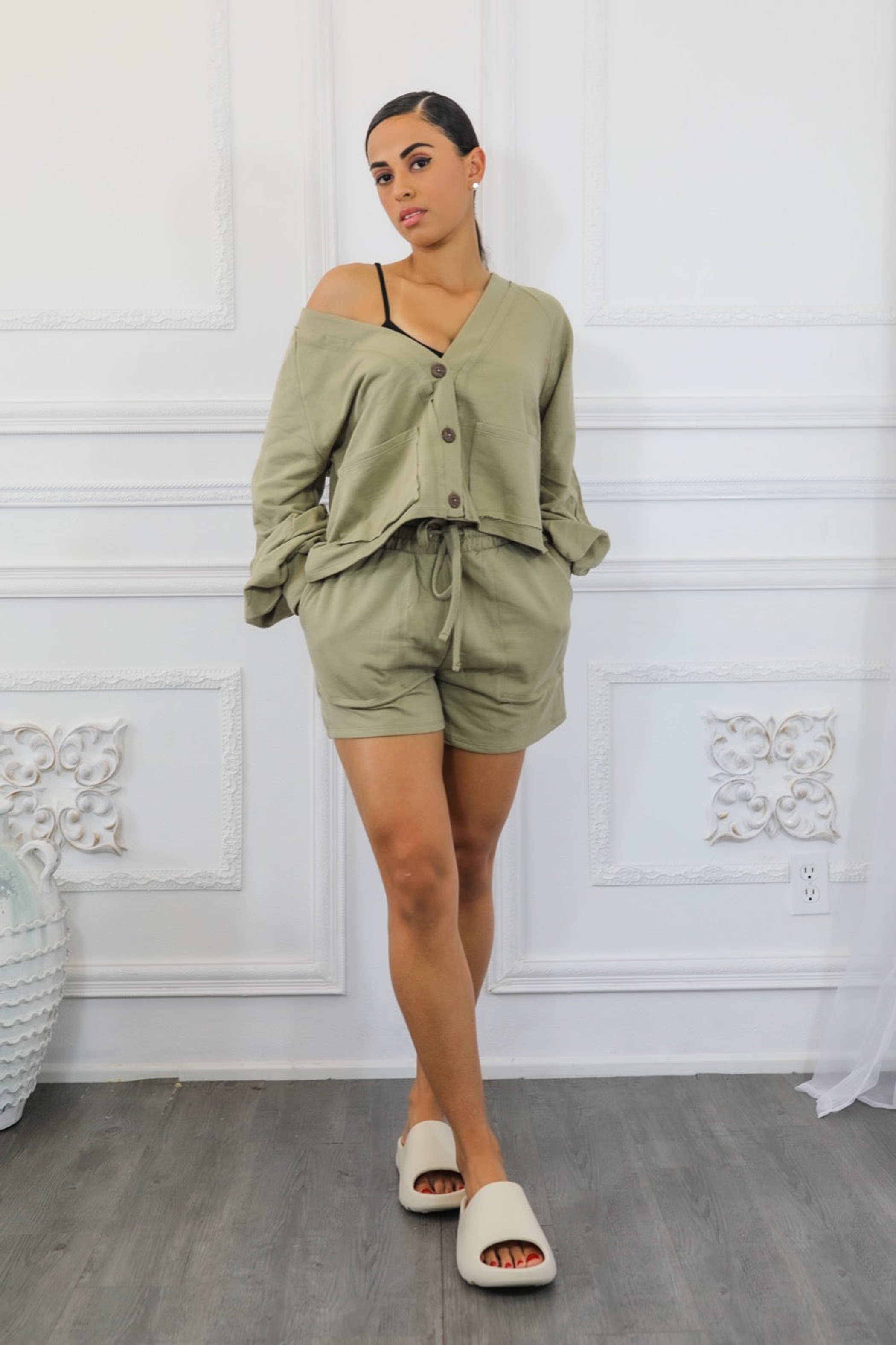 Olive French terry cardigan and short set, dropped-shoulder cardigan with drawstring shorts