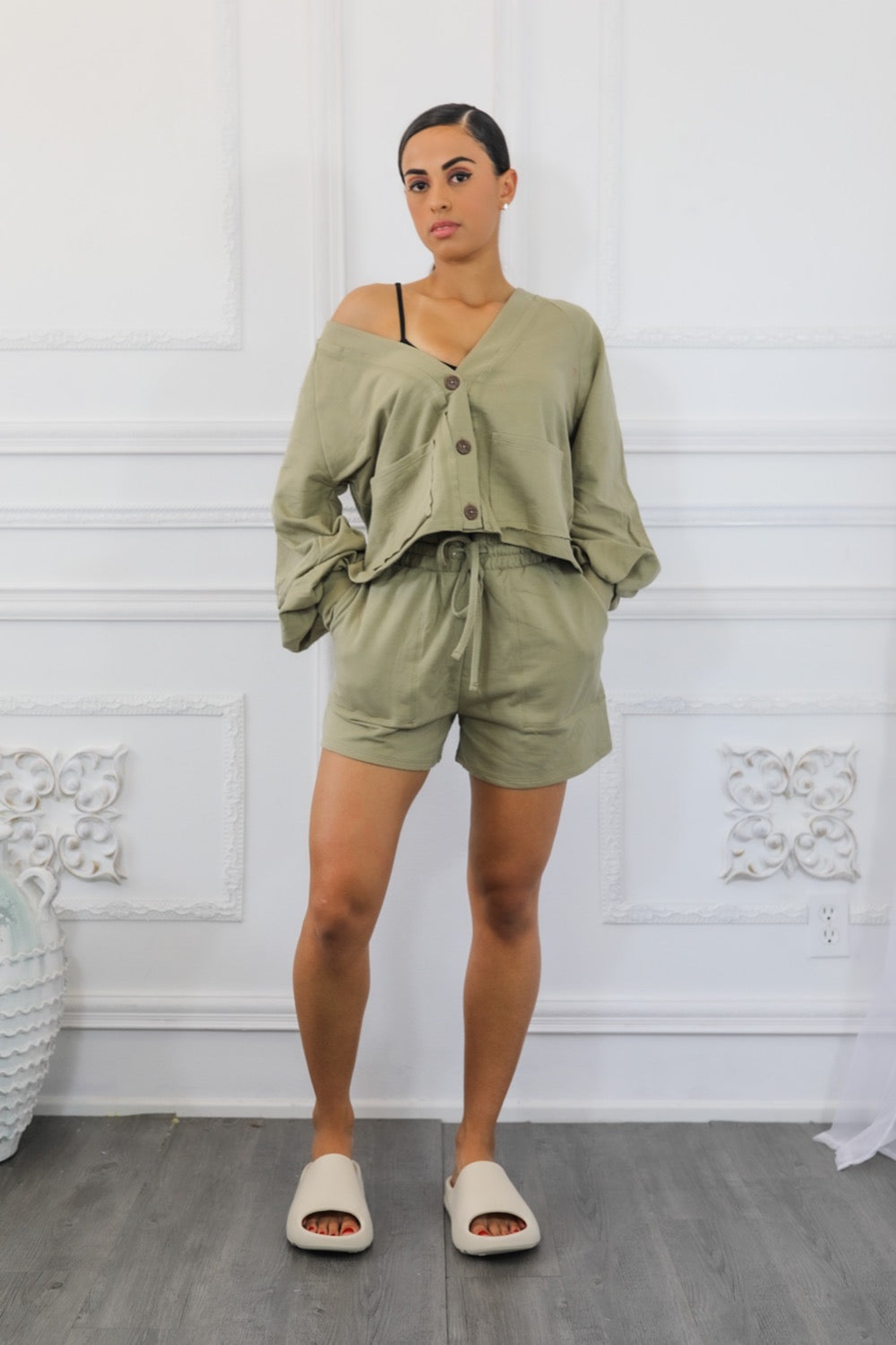 Olive French terry cardigan and short set, V-neck button cardigan and drawstring shorts