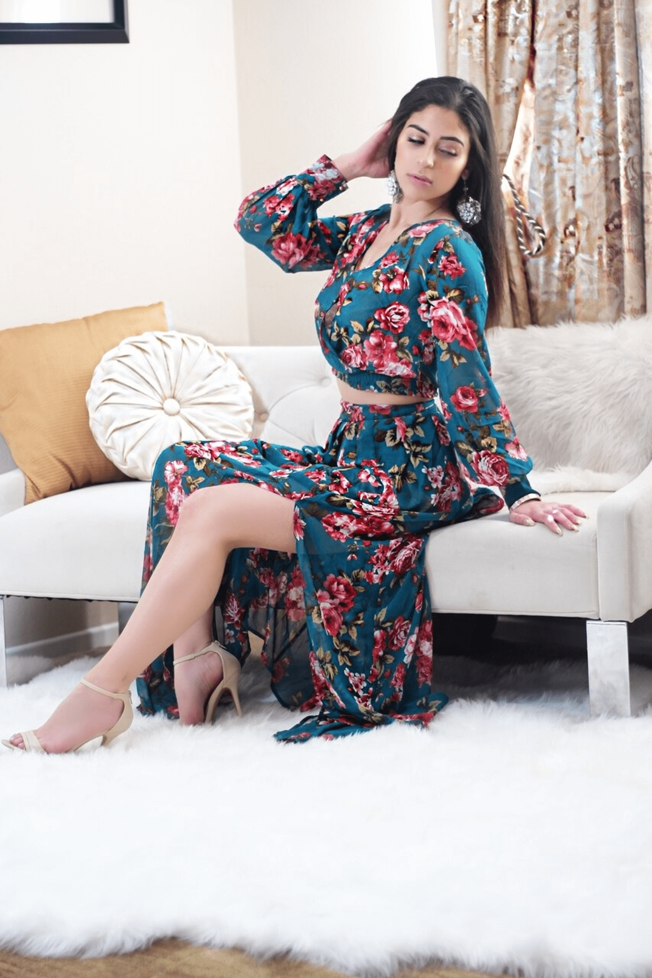 Two-piece floral maxi set with long sleeves, V-neck, tie waist, and side slit skirt