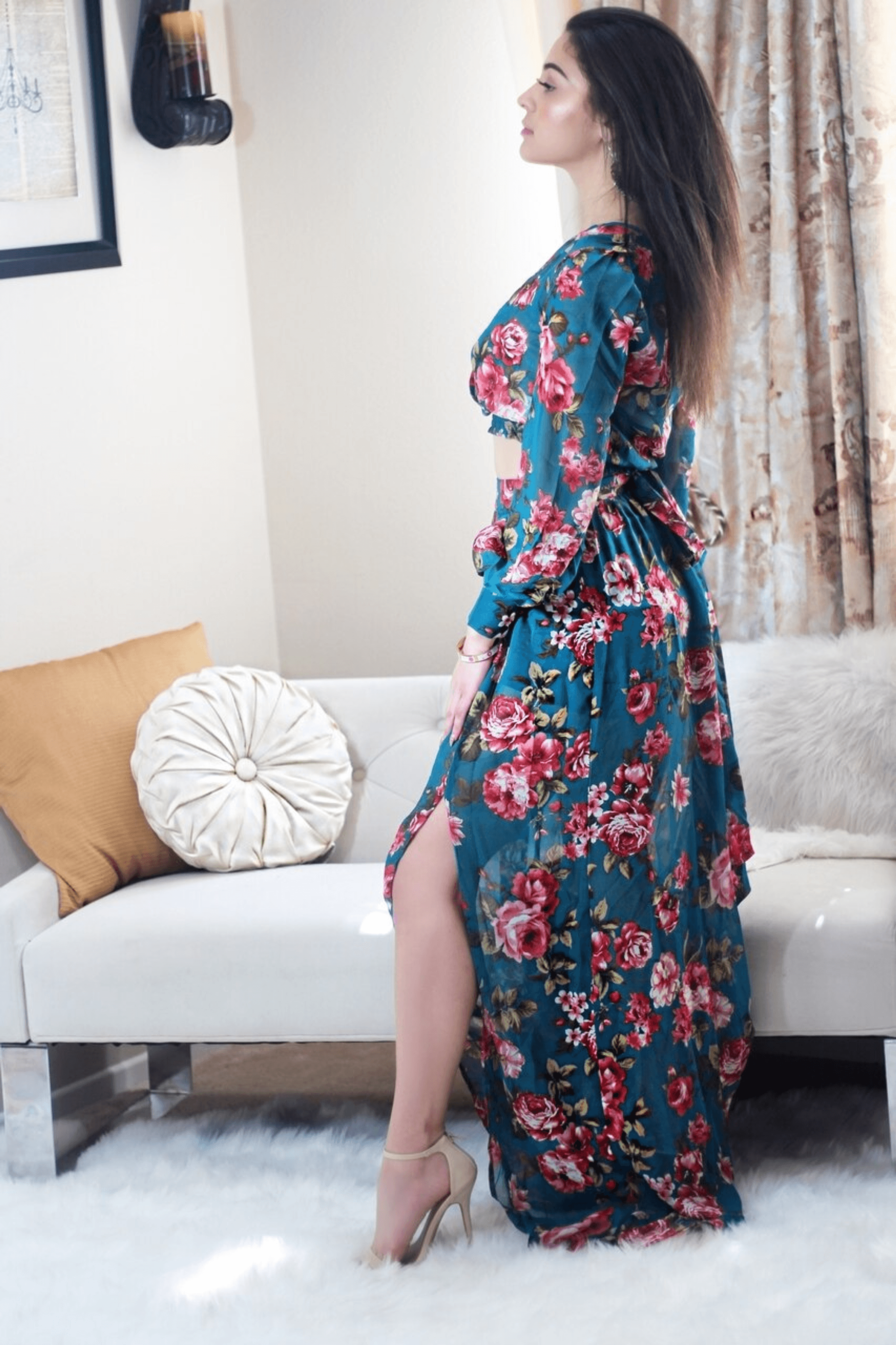 Floral maxi set with long sleeves, V-neck, tie waist, and side slit skirt in teal