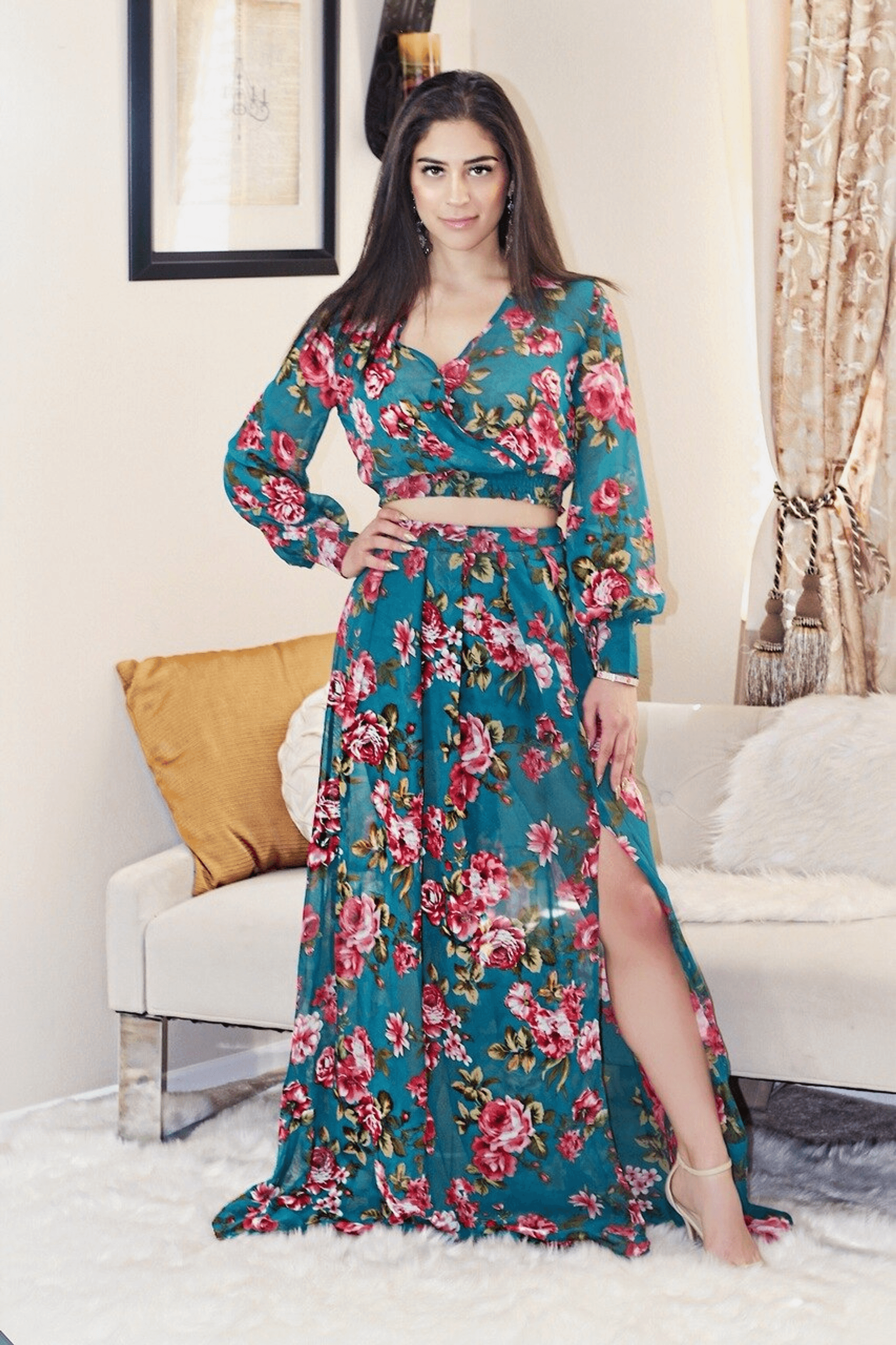 Floral maxi set with long sleeves, V-neck, tie waist belt, and side-slit maxi skirt