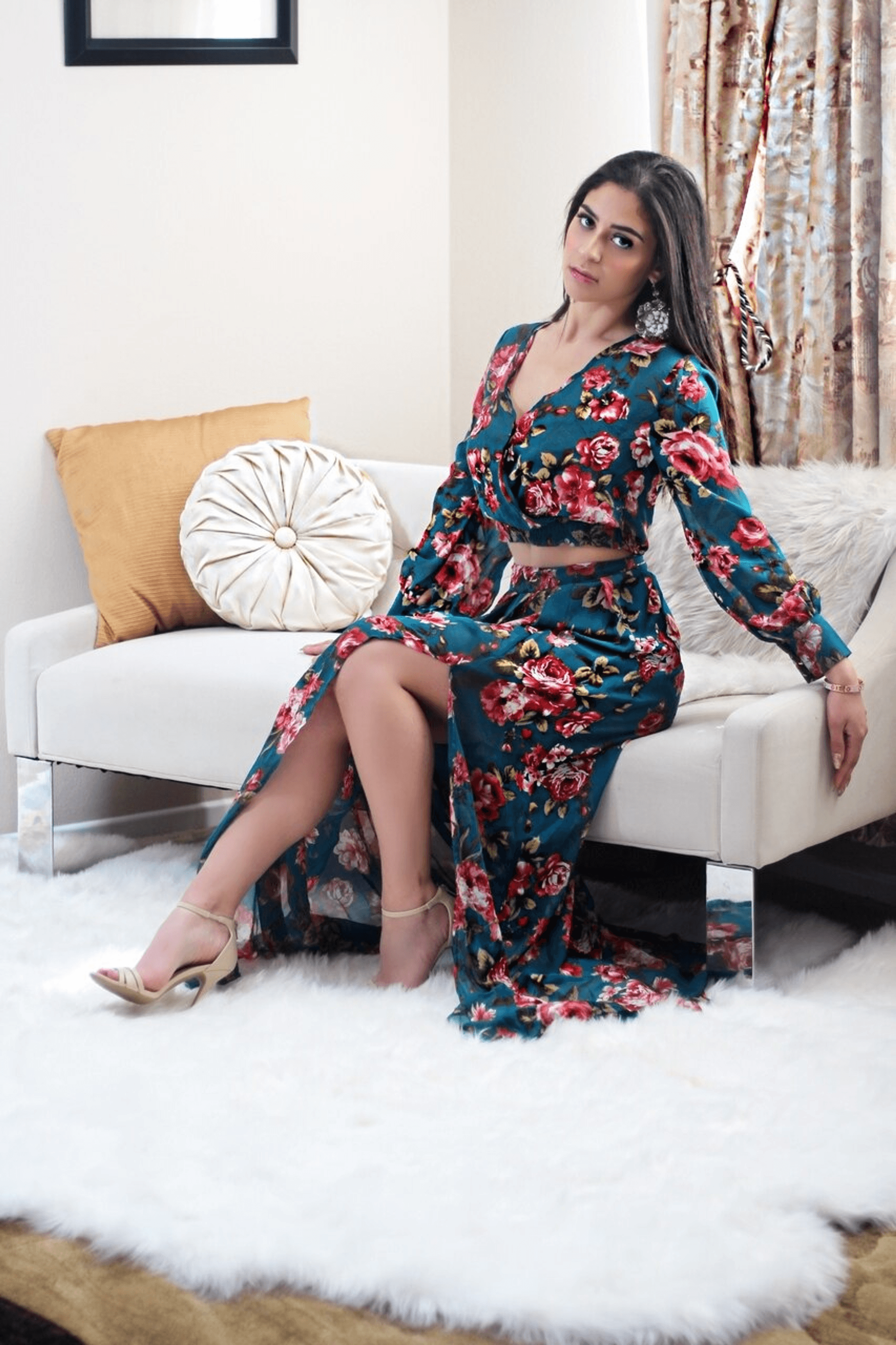 Two-piece floral maxi set with long puff sleeves, V-neck, tie waist, and side-slit skirt