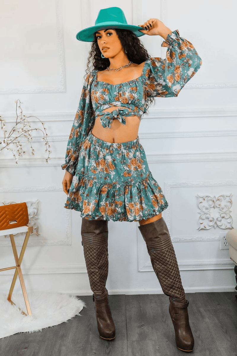 Teal floral off-shoulder long-sleeve crop top and matching tiered mini skirt set