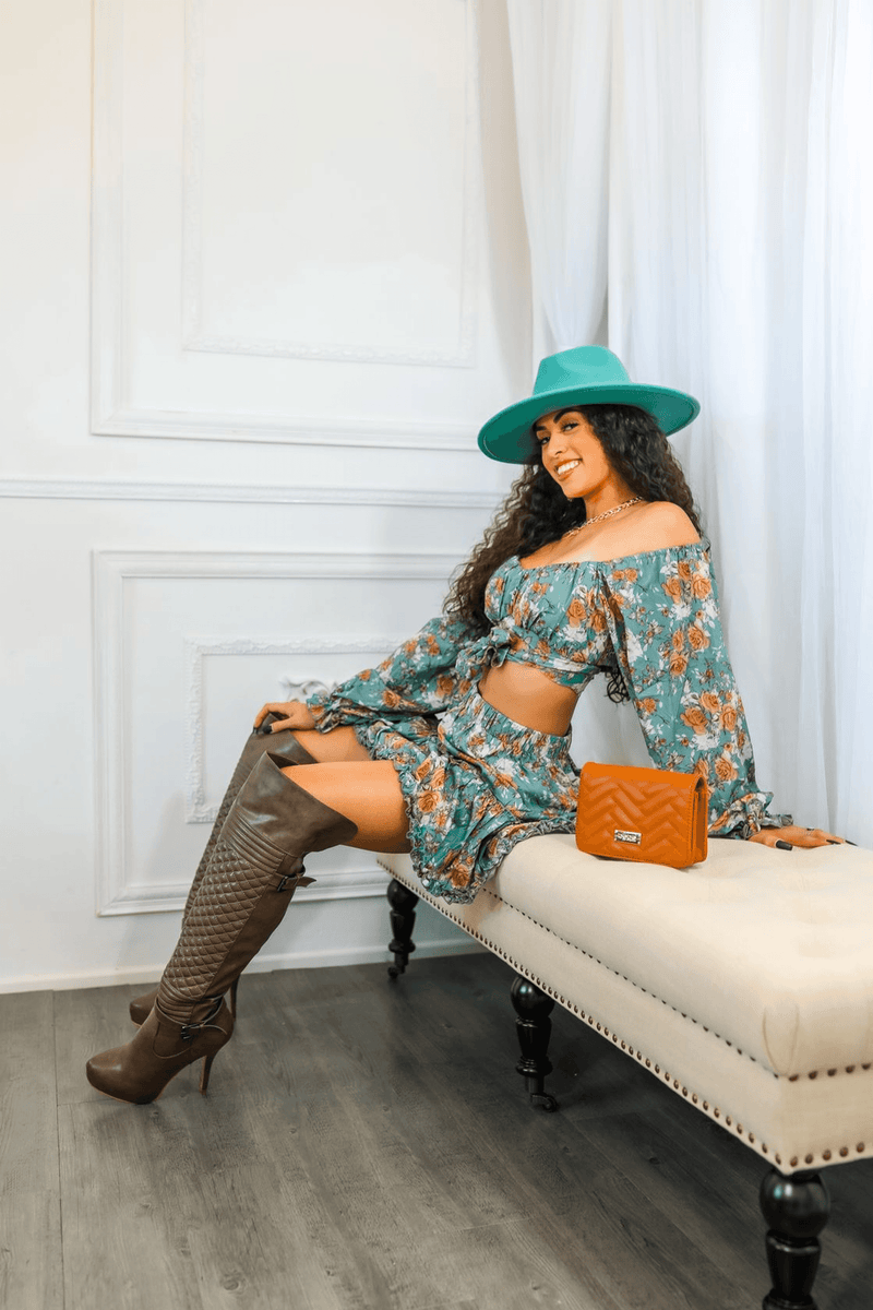 Teal floral skirt set: off-shoulder tie-front crop top with flared tiered mini skirt