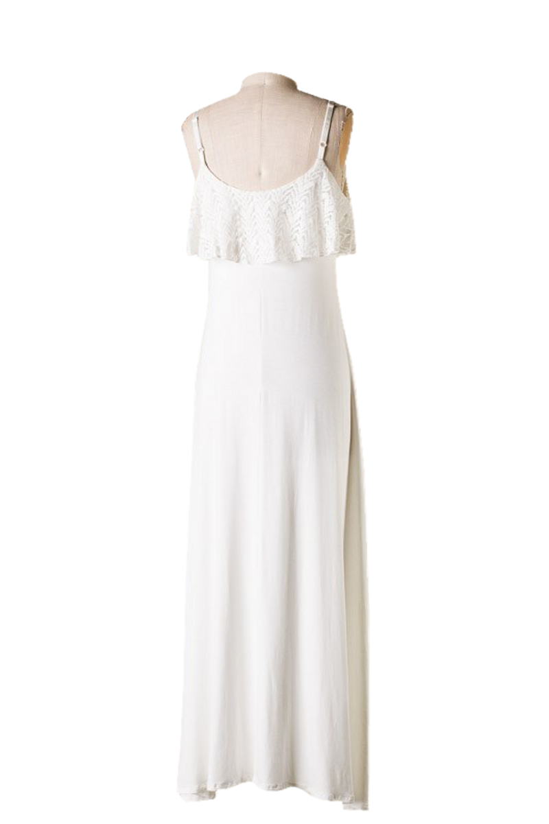 White lace yoke cami maxi dress with scoop back and spaghetti straps on mannequin