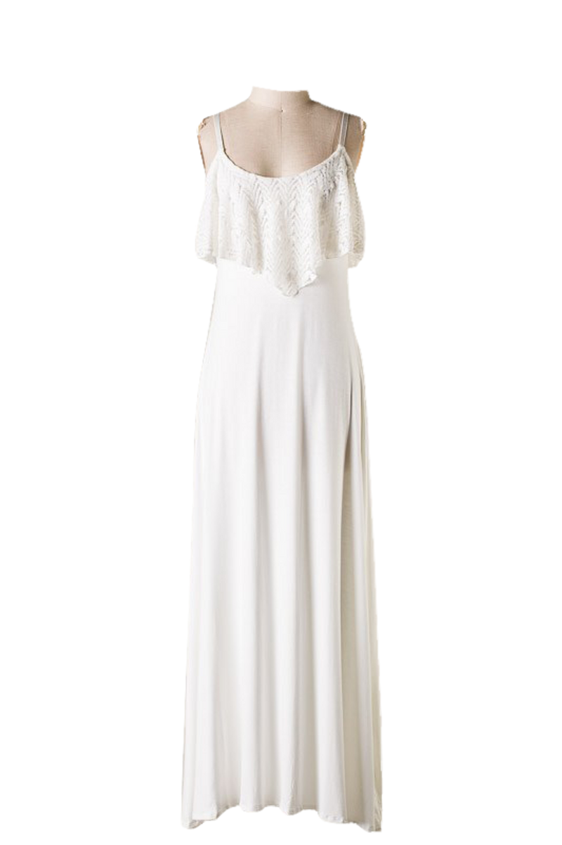 White lace yoke cami maxi dress with spaghetti straps and flowy floor-length skirt