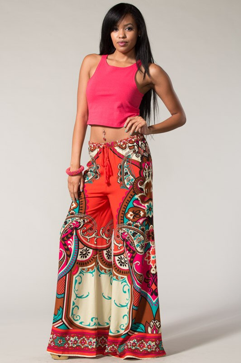 Paisley print palazzo pants with elastic drawstring waist, colorful wide-leg design