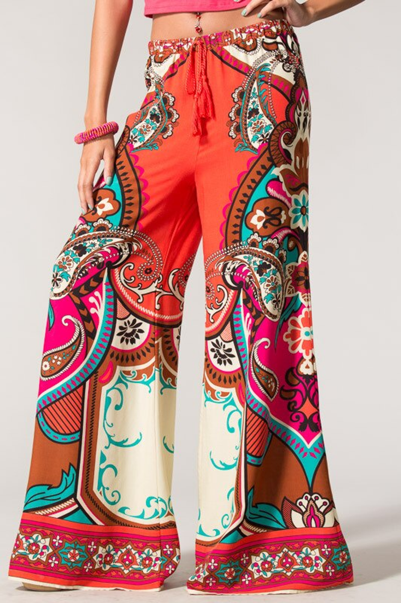 Paisley palazzo pants in multicolor red, cream, teal with elastic drawstring waist