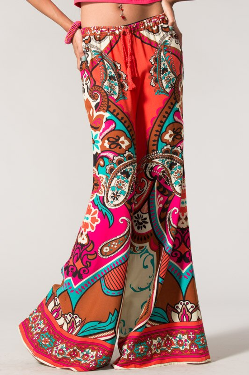 Wide-leg paisley palazzo pants with elastic waist and decorative border hem, multicolor